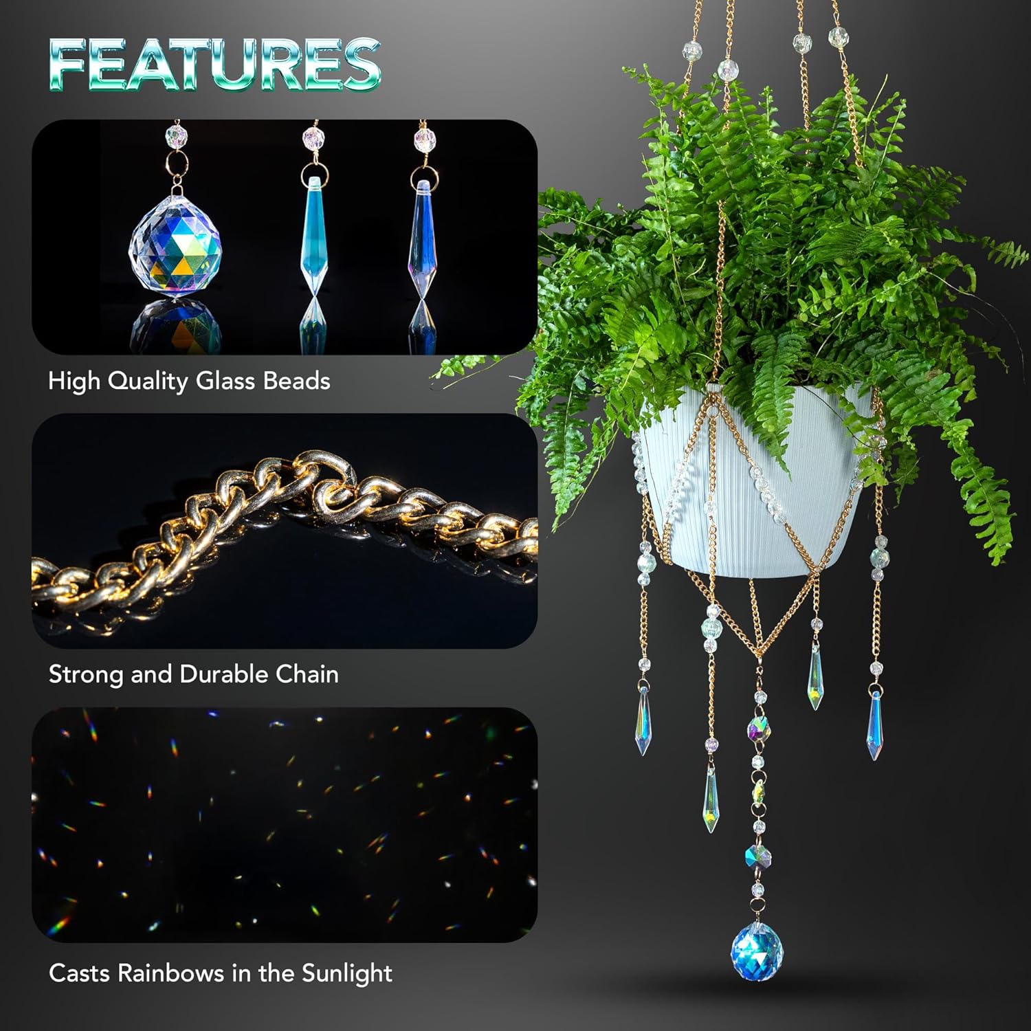 Sun Catcher Plant Hanger with Beads and Glass Crystal Ball Suncatcher. Large Beaded Plant Hanger. Plant Accessories for Indoor Plants. Home Decor for Plant Lovers. (Pots/Plants Not Included)