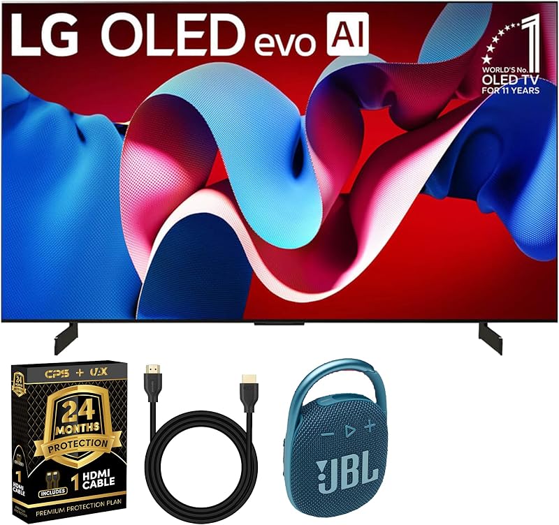 OLED65C4PUA OLED evo C4 65 Inch HDR 4K Smart OLED TV with JBL CLIP4 + UAX 4K HDMI 2.0 Cable + CPS 24 Months Protection Bundle