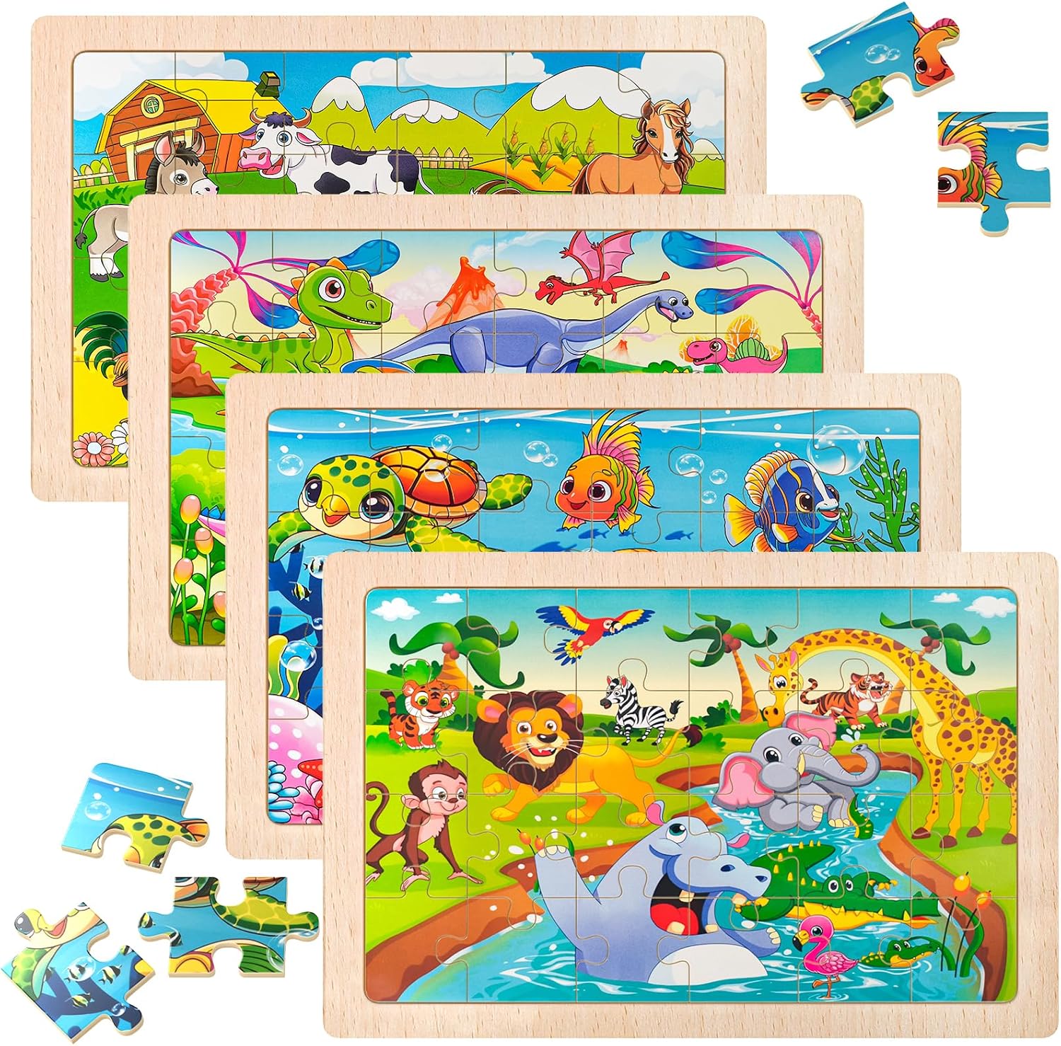 Wooden Jigsaw Puzzles for Kids Ages 3-6, 4 Pack with Dinosaurs Preschool Educational Toys, Toddler Puzzles Gift for 3 4 5 Year Old Boys Girls (Dinosaur)