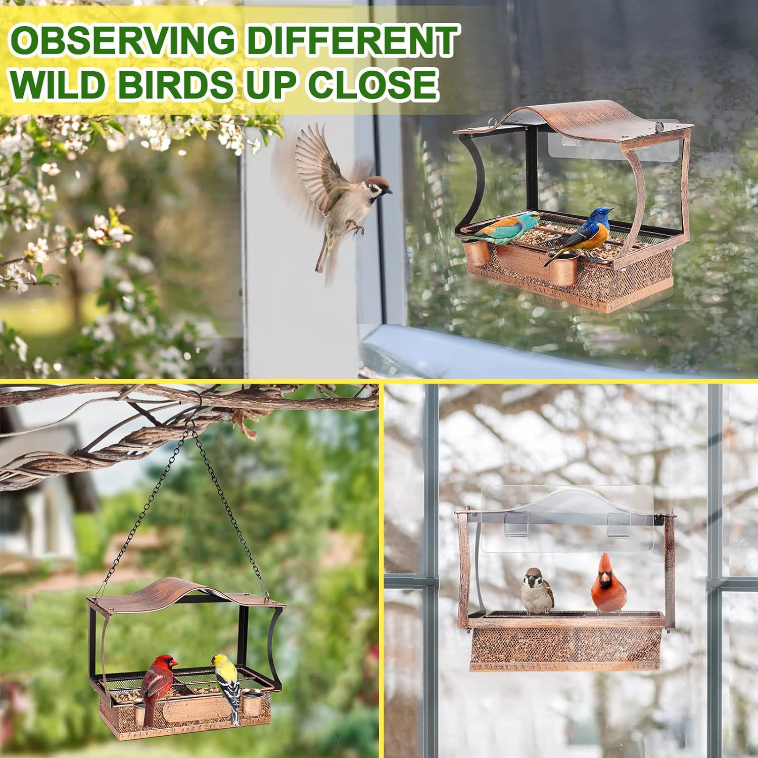 esmen Comederos Comedero para pájaros con Ventana de Metal 2 en 1 con Ganchos, Cadenas, comedero para pájaros Colgante Desmontable con Bebedero