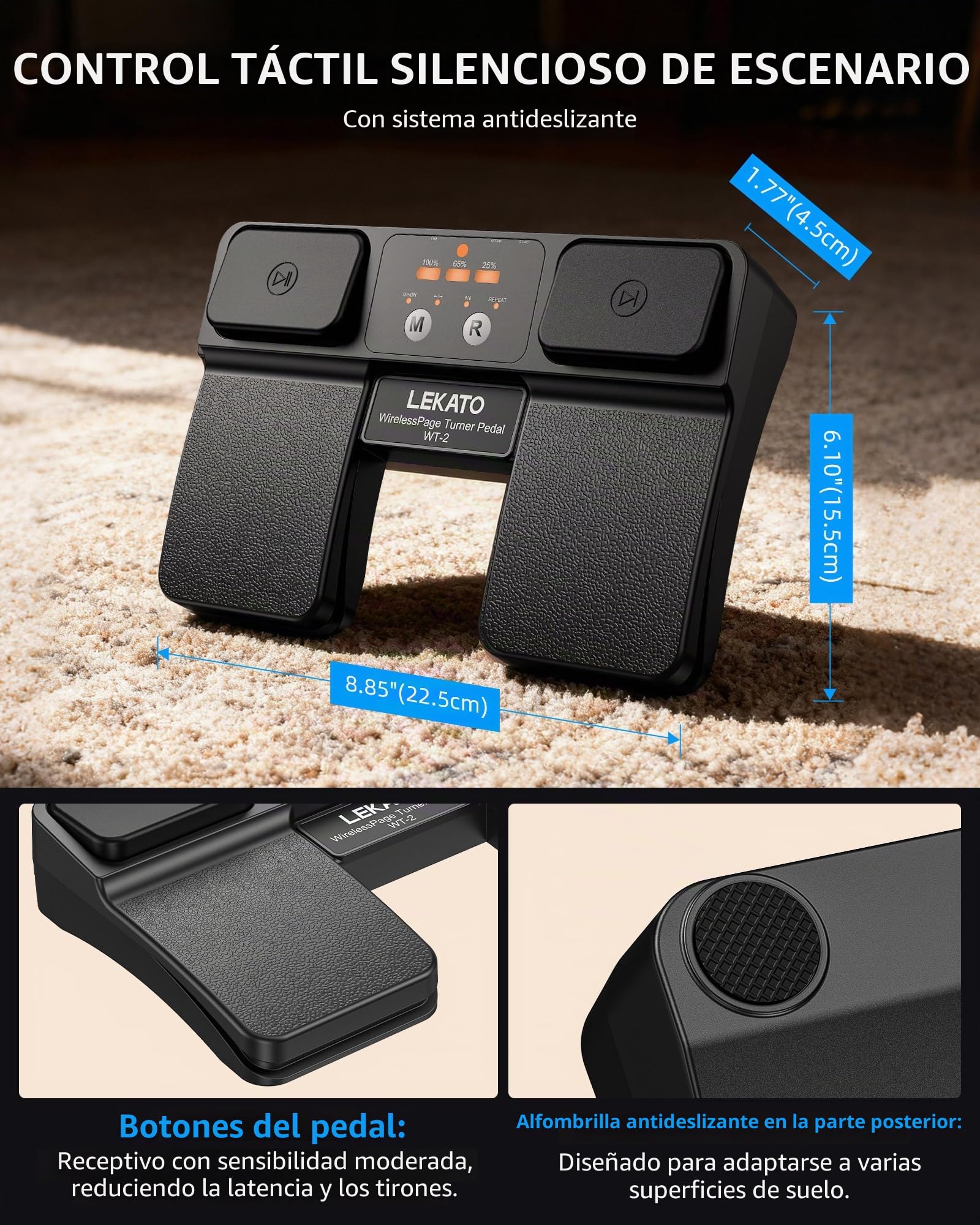 LEKATO Pedal inalámbrico Bluetooth para Pasar páginas, con Control de Pistas, indicador de batería y Pedal Recargable, Apto para partituras en móvil, Tableta y Directo