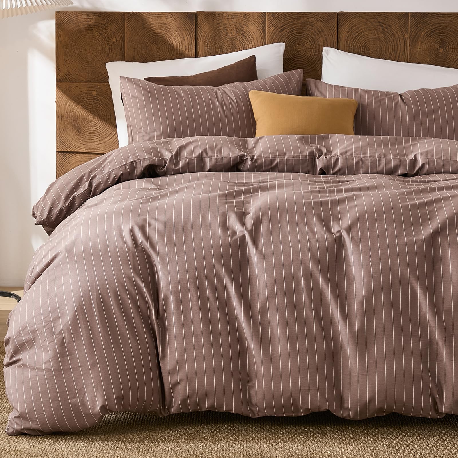 Herside 100% Cotton Duvet Cover Set King Size, Brown Pinstripe Bedding Set with 2 Pillowcases, Soft Breathable Comforter Cover, Natural Cotton Linen Like Bedding Set for Cozy Home Bedroom