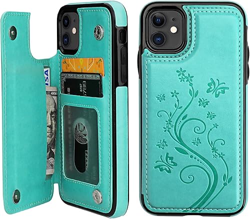 Vaburs Funda compatible con iPhone 11 con tarjetero y diseño de mariposa en relieve, piel sintética de alta calidad, doble botones magnéticos, a