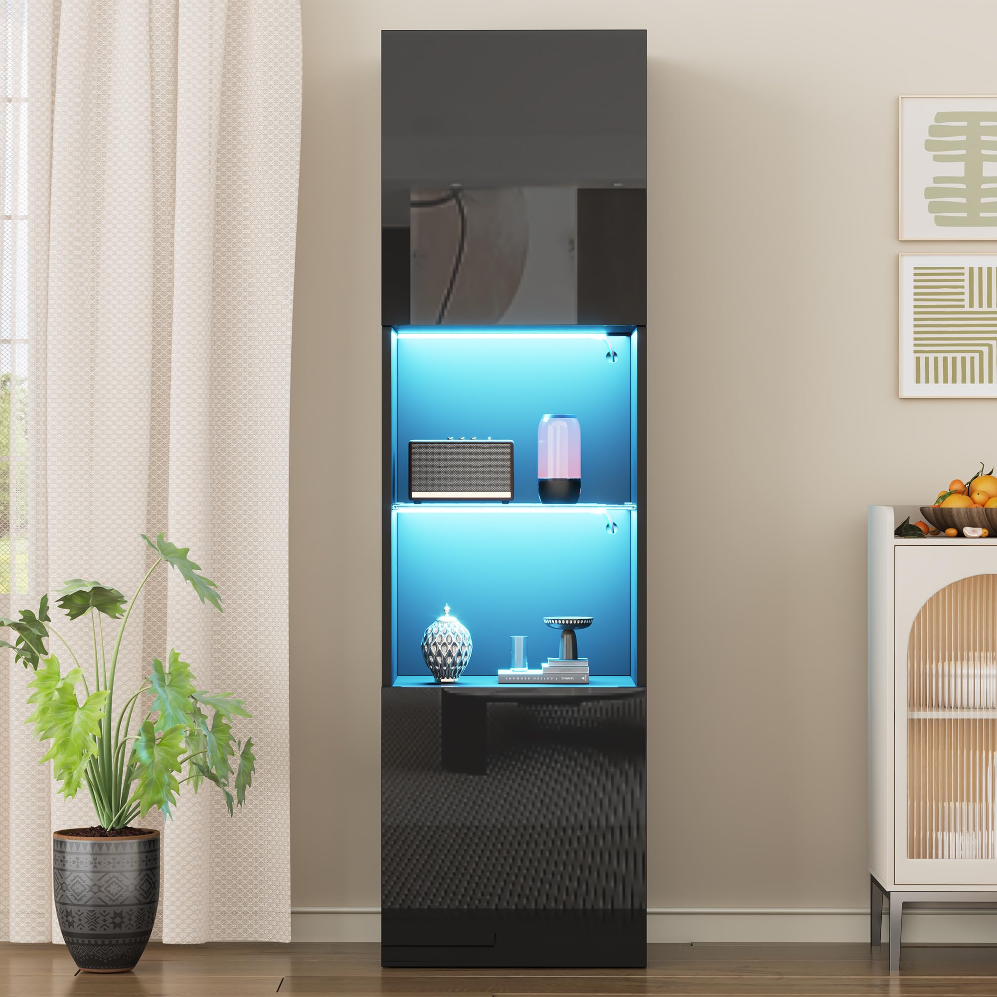 Merax Vitrinenschrank 160cm, Glasvitrine mit LED-Beleuchtung, Schwarz Hochglanz - Moderne Kommode mit viel Stauraum, Bücherschrank Hochschrank Highboard, Schrank für Wohnzimmer Küche Esszimmer Büro