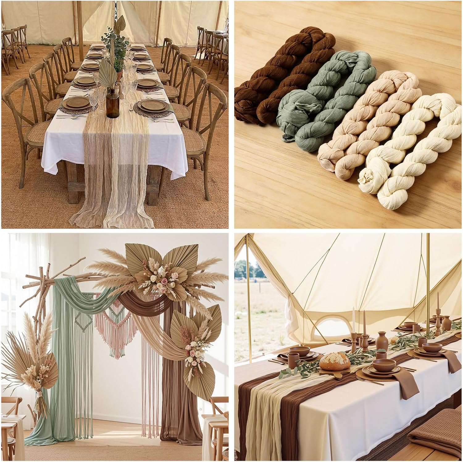 8 Pcs Sage Green and Brown Cheesecloth Table Runner Boho Gauze Cheese Cloth Runner 118" Rustic Table Decor for Woodland Baby Shower Wedding Bridal Jungle Safari Birthday Party Home Arbor Decorations