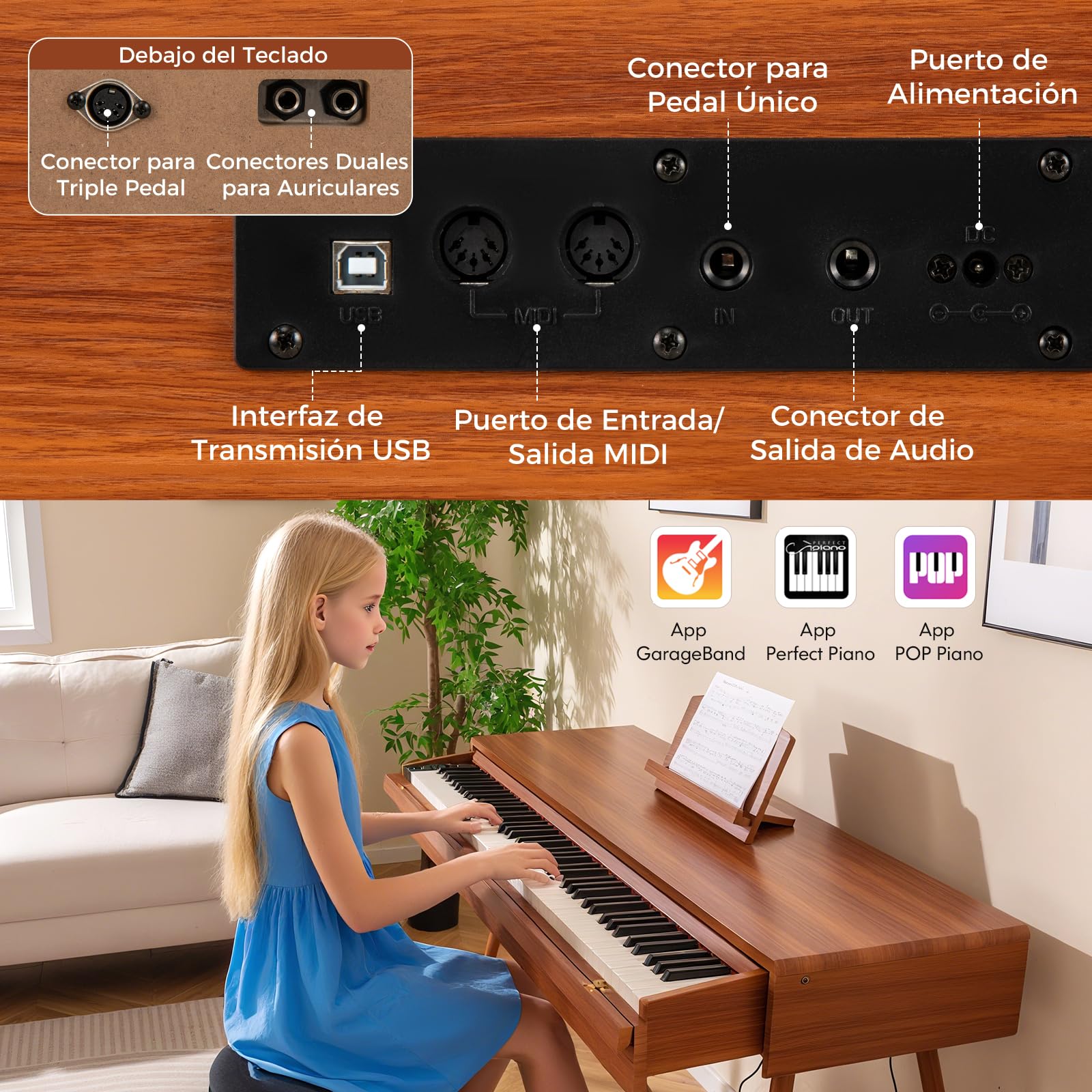 GOPLUS Piano Eléctrico de Tamaño Completo 88 Teclas Pesadas, Teclado de Piano Digital con Acción de Martillo Graduada, 3 Pedales, Conexión MIDI y Atril Desmontable, para Principiantes, Marrón