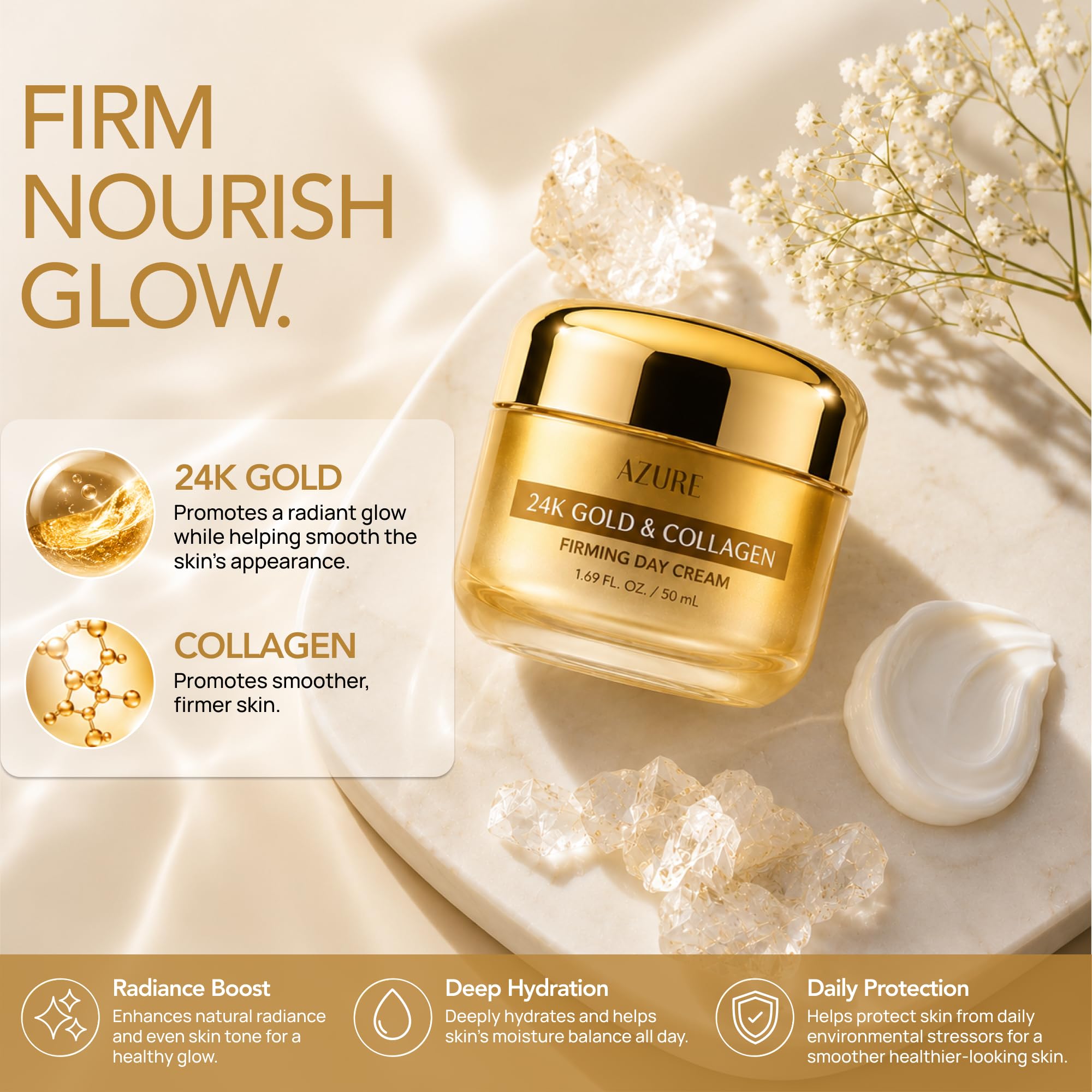 AZURE Crème de jour raffermissante à l'or 24 carats et au collagène – Crème hydratante illuminante et liftante à l'acide hyaluronique – Réduit les rides et ridules – Anti-âge et tonifiant – Soin de la