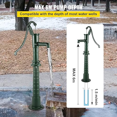 Miniatura 4 de VEVOR Bomba de agua manual de hierro fundido, jarra y soporte vintage de 26 pulgadas de altura, profundidad máxima de 20 pies, fácil instalación,