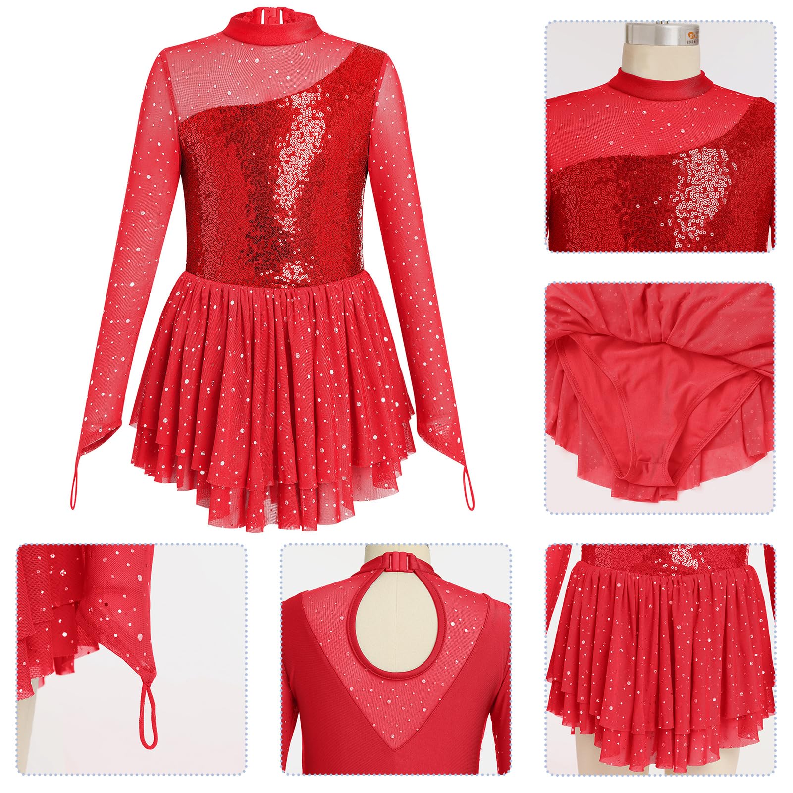 FYMNSI Vestido de patinaje artístico para niñas con diamantes de imitación brillantes, manga larga, malla de tul con falda, leotardo para gimnasia, ballet y baile