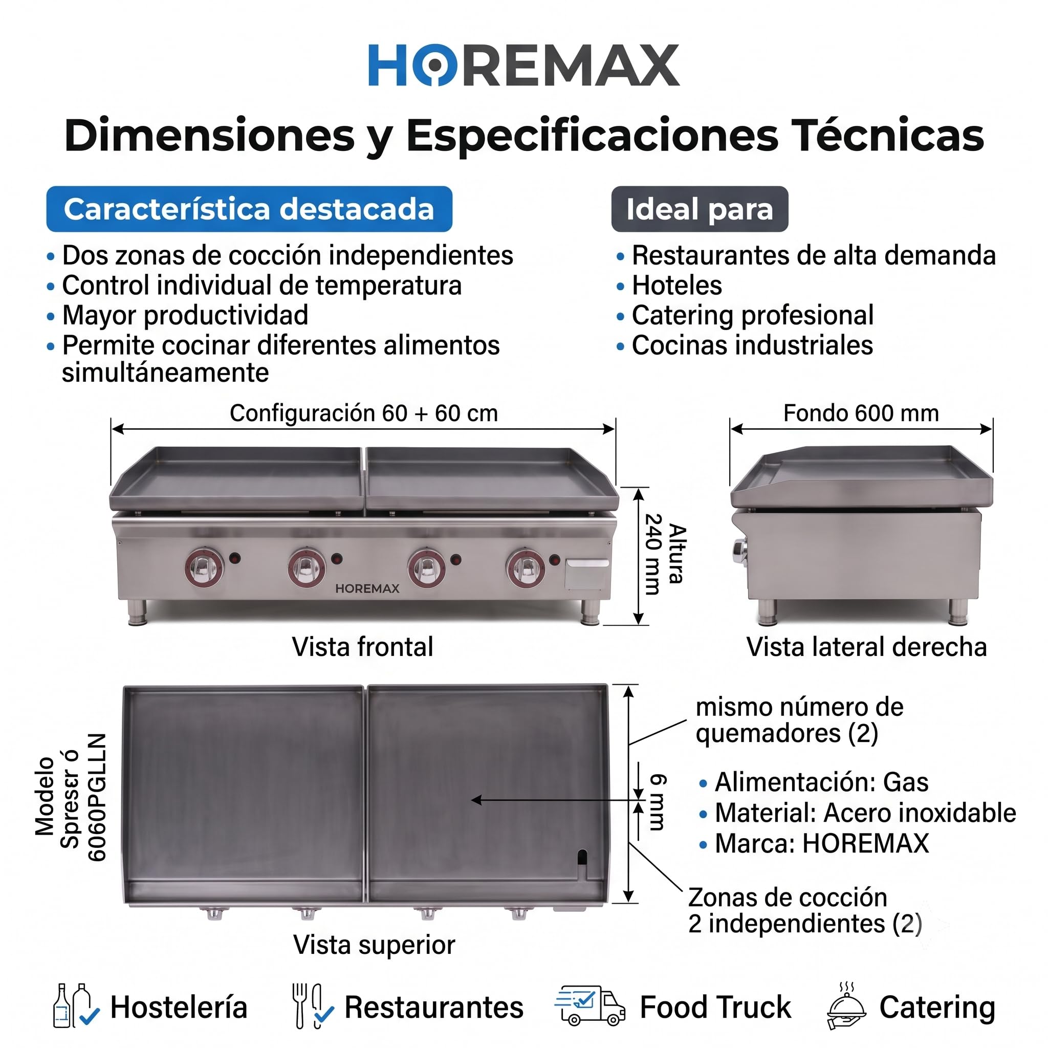 Plancha Gas Butano Profesional DUO, 2 Placas 60 x 40 cm en Acero Laminado 6 mm, 4 Quemadores, 11 kW, Cuerpo Inoxidable, Sobremesa Hostelería, Fabricada en España