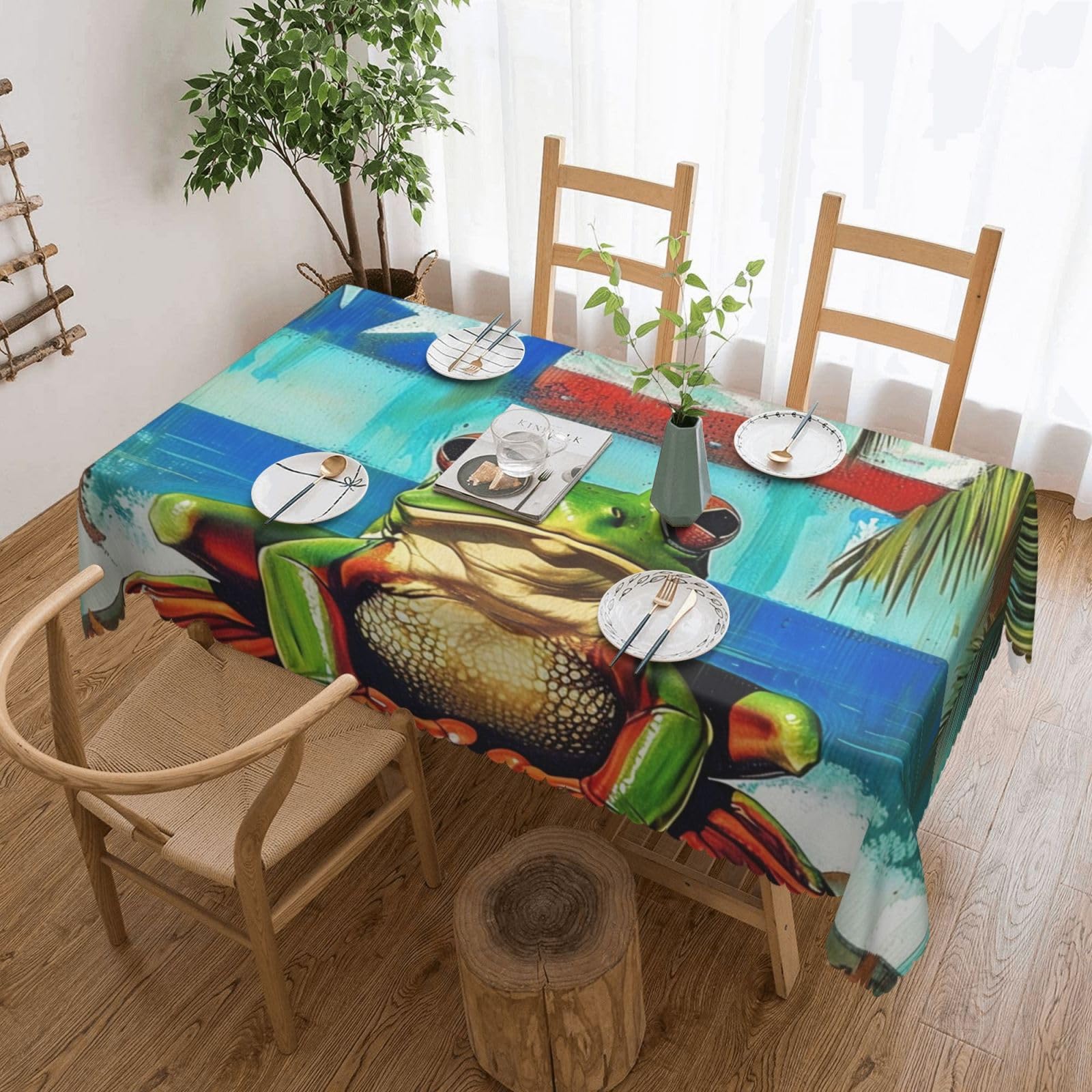 WPKJU Puerto Rico Flag Frog Palm Trees Printed Rectangle Tablecloth 72x54 Inch with Lace Trim, Water-Resistant Washable Table Cover for Farmhouse Weddings, Outdoor Picnics & Holiday Dining