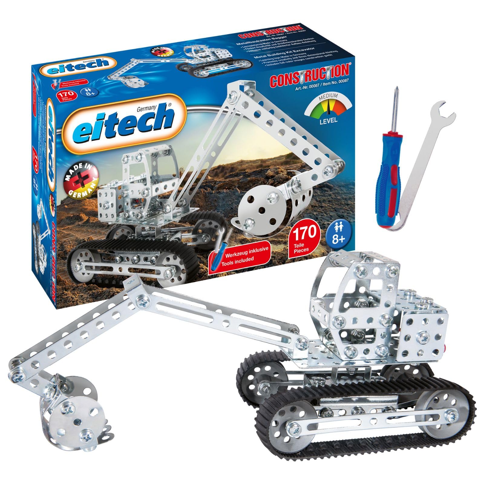 eitech Bagger - Metallbaukasten 00087, 360° drehbar, 170 Bauteile | Modellbausatz, Baustellenfahrzeug, Metall Bausatz, Stabilbaukasten, Konstruktionsspielzeug, Geschenk Kinder 8 9 10 Jahre