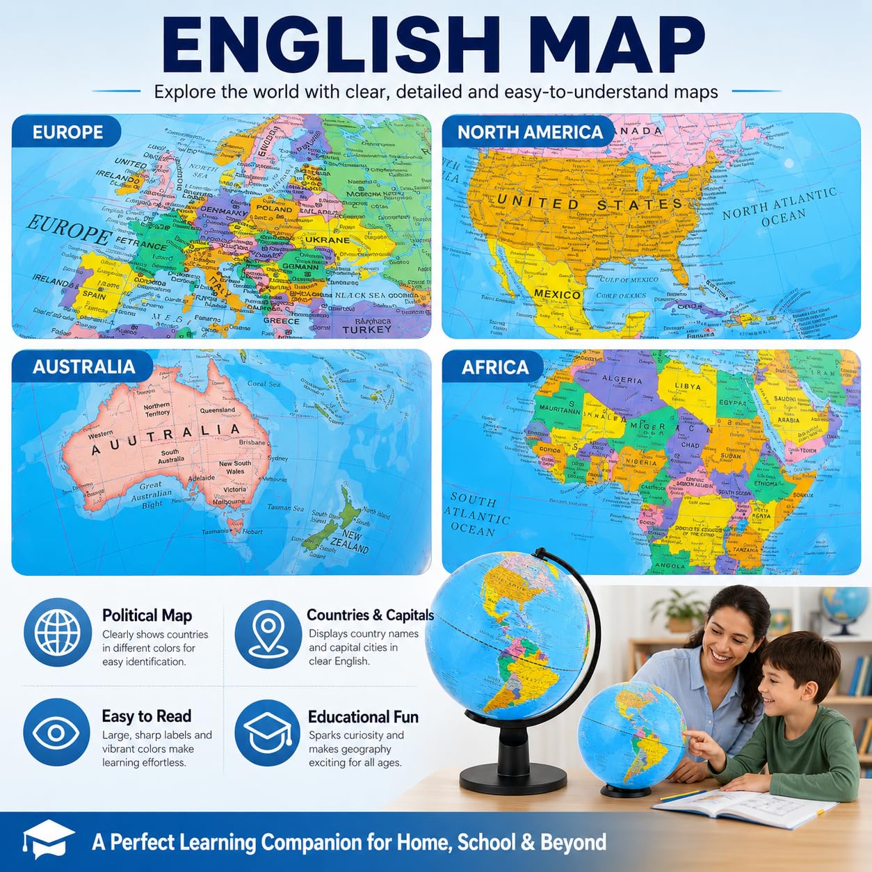 30cm Globe Terrestre - Carte en Anglais
