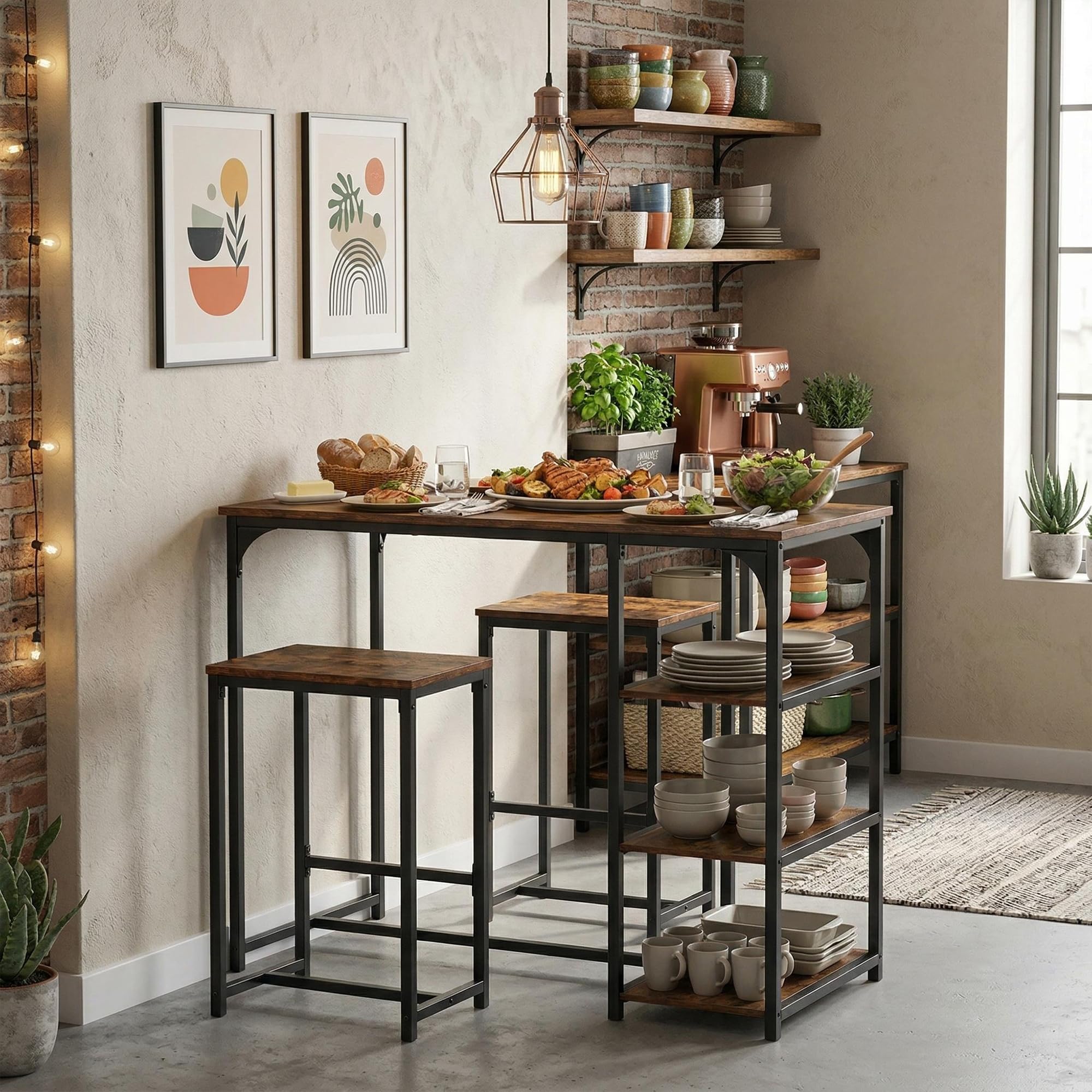Ensemble Table de Bar avec 2 Tabourets, Table Haute Mange Debout avec 3 Étagères, Style Industriel, pour Petit Espace Cuisine, Salle à Manger, Salon, Bar, Bistrot, Balcon, Marron et Noir
