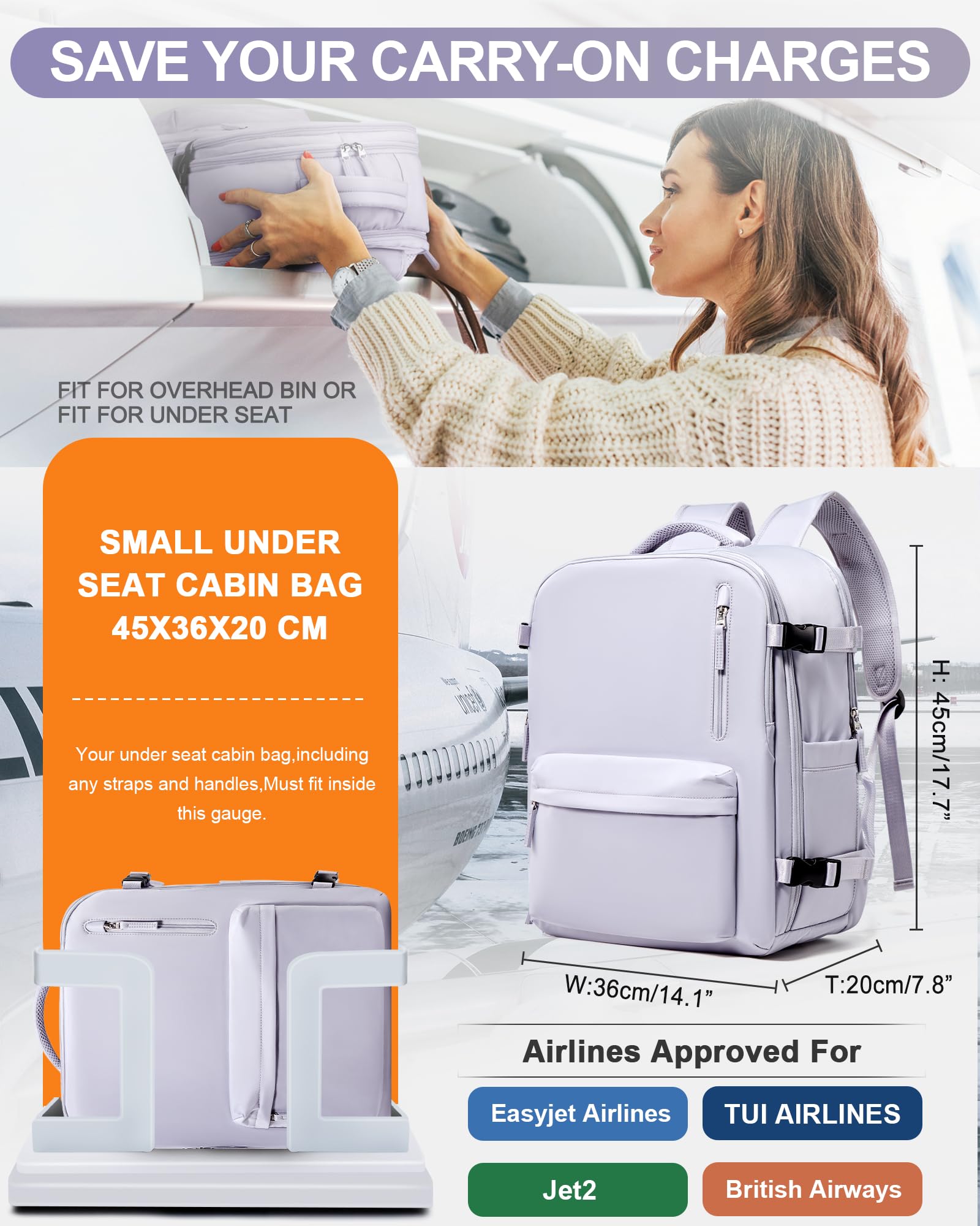 Zaino da Viaggio per Easyjet 45x36x20 Bagaglio a Mano Zaino Borse da Cabina per Easyjet Il Sedile Zaino Aereo Bagaglio a Mano Donna Borsa Cabina Viaggio Zaino Travel Viaggio Casual Daypack,Taro viola