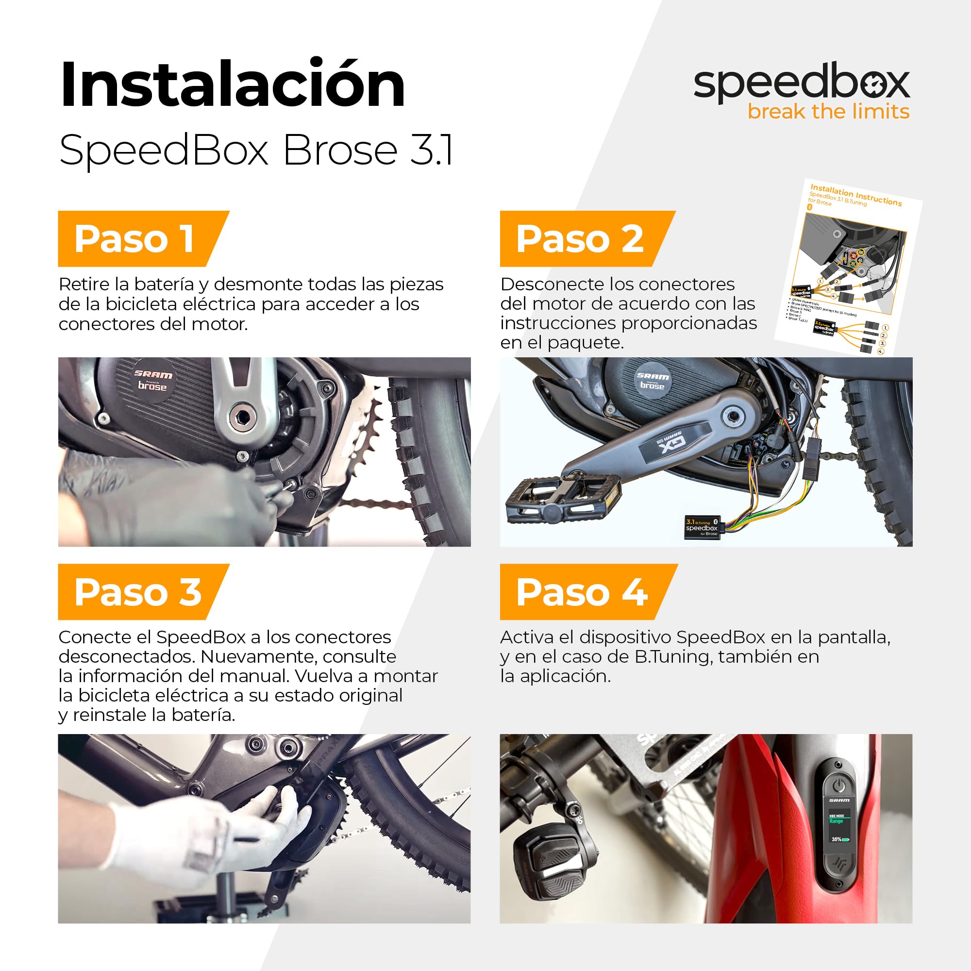 SpeedBox 3.1 Compatible con Brose/Specialized/SRAM Powertrain/Kit de Tuning para E-Bike/Velocidad ilimitada/Valores Reales/Velocidad Ajustable