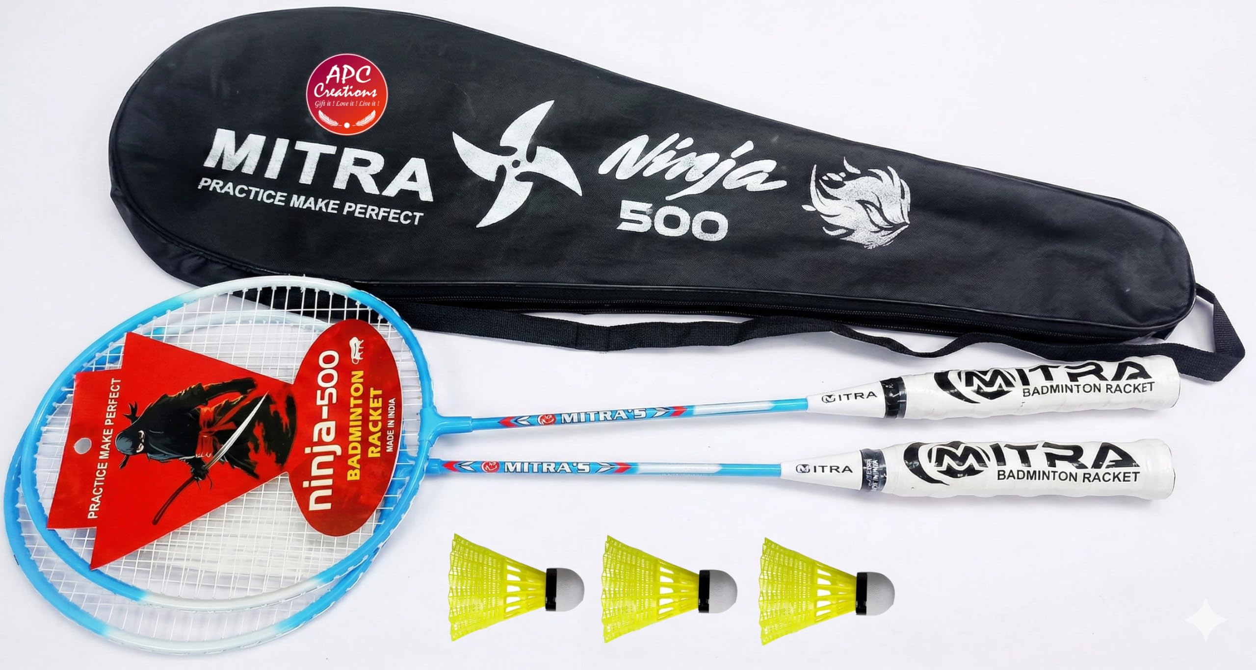 APC Creations, Ninja-500 Badminton Racket, Pair of 2, Lightweight Design, Durable Badmintons for Beginners, Kids & Adult. Pack of 1 with 2 Badmintons & 3 Nylon Plastic Shuttlecock. Multicolour-picture-27