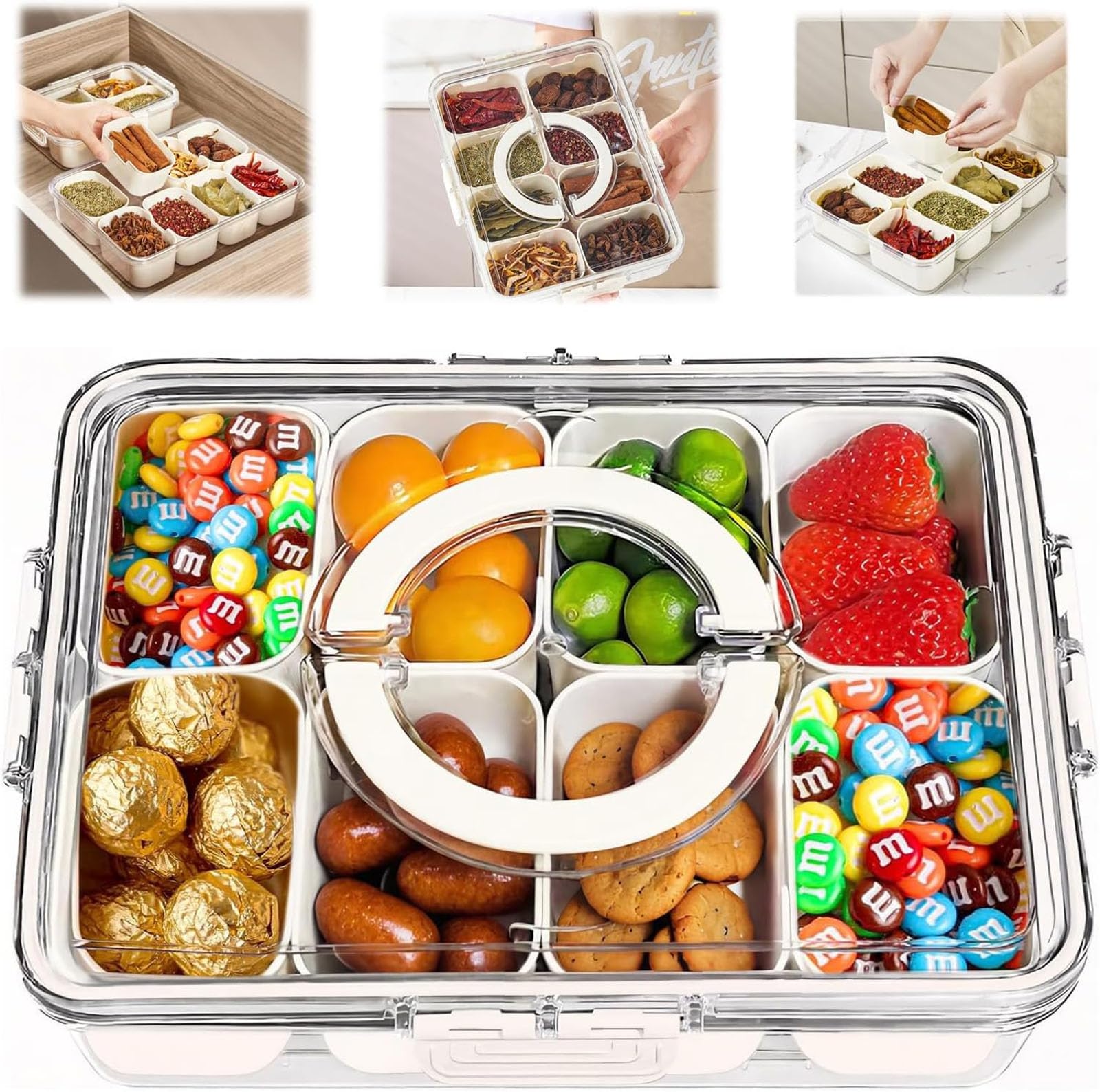 Plateau Service Divisé Avec Couvercle 6 Compartiments - Snack Box Ronde Avec Fourchettes