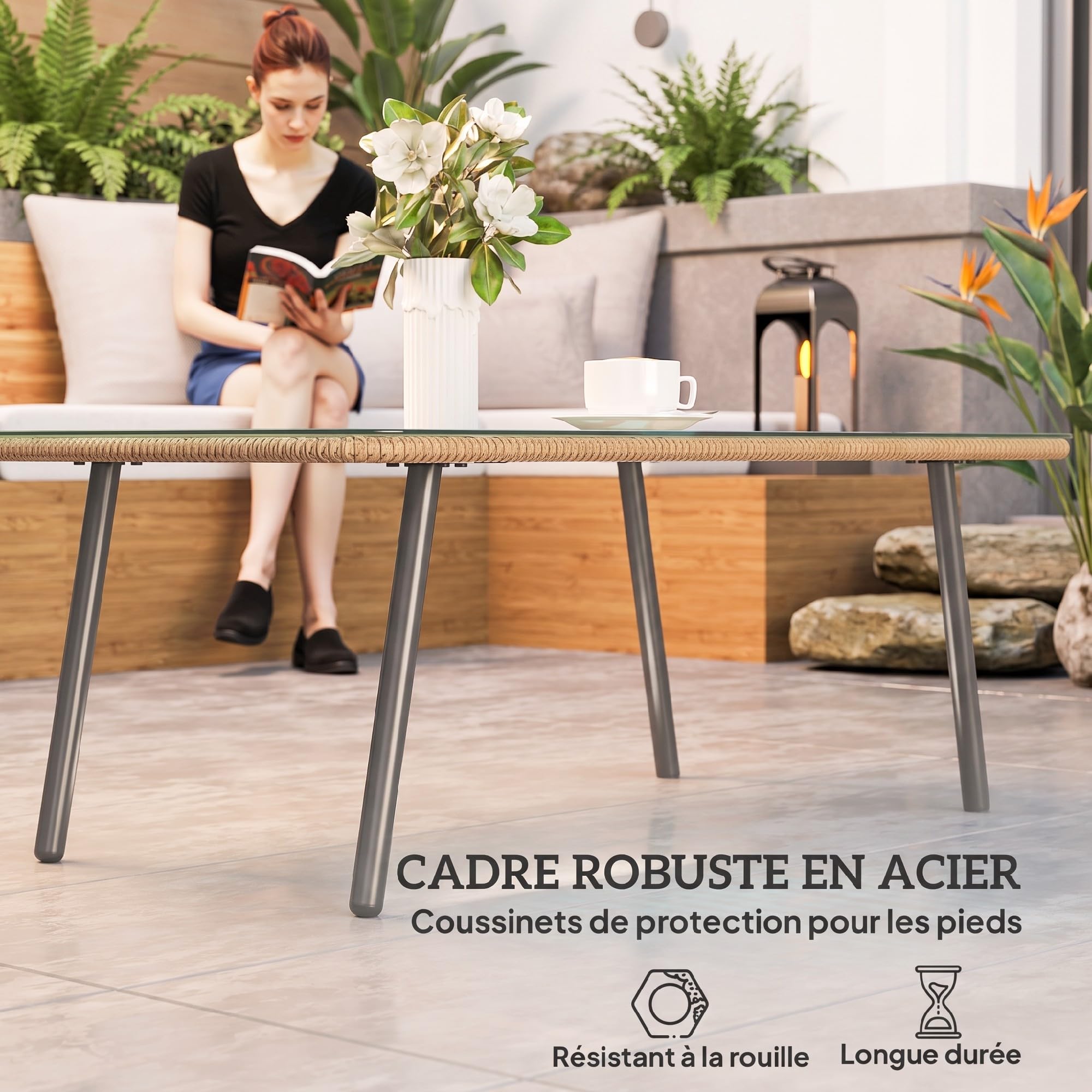 Outsunny Table Basse de Jardin en Résine 110x60x40 cm Aspect Bois Naturel