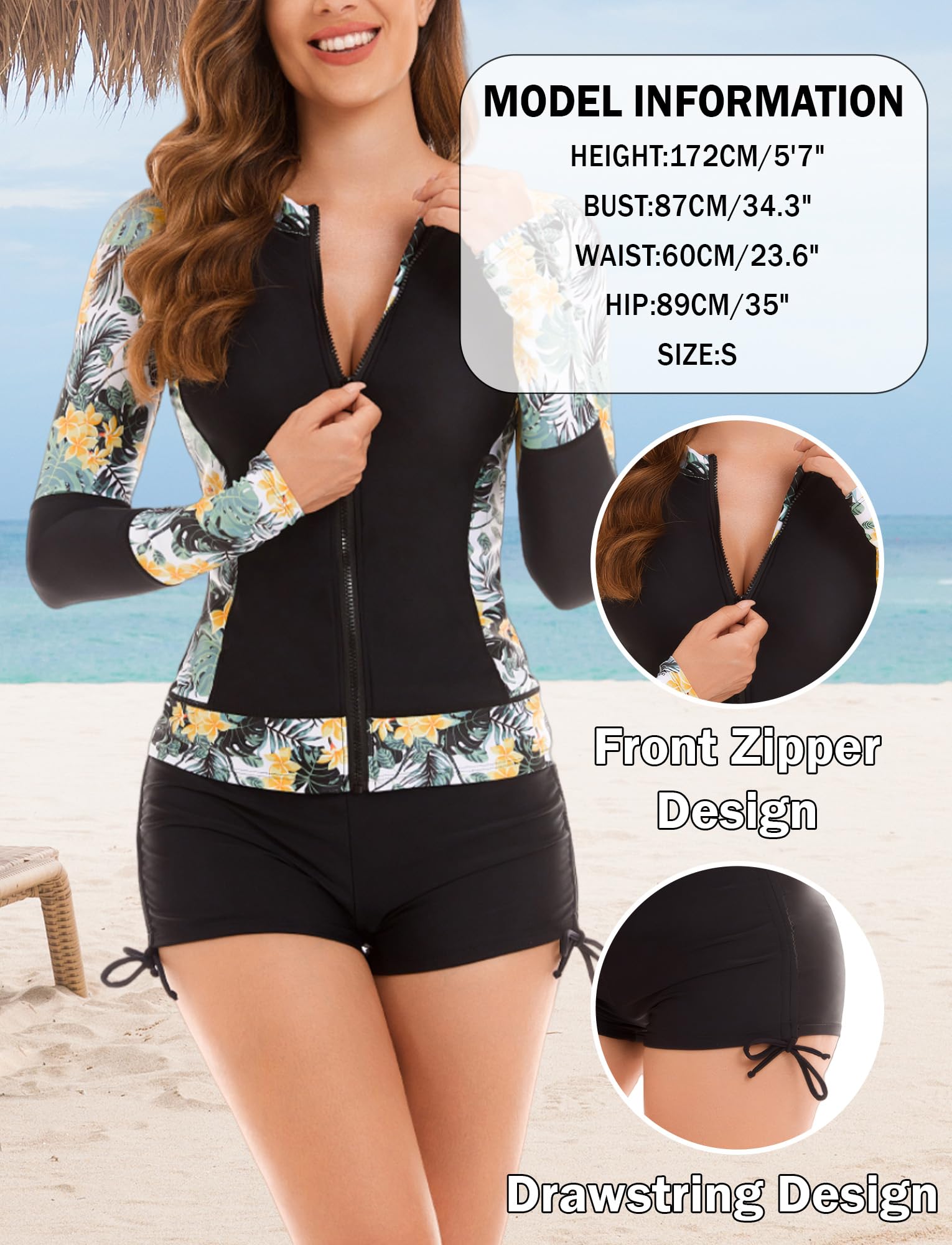 FEOYA Ropa de Surf 2 Piezas Mujer Camisetas de Natación Manga Larga Traje de Baño Secado Rápido Rashguard con Cremallera