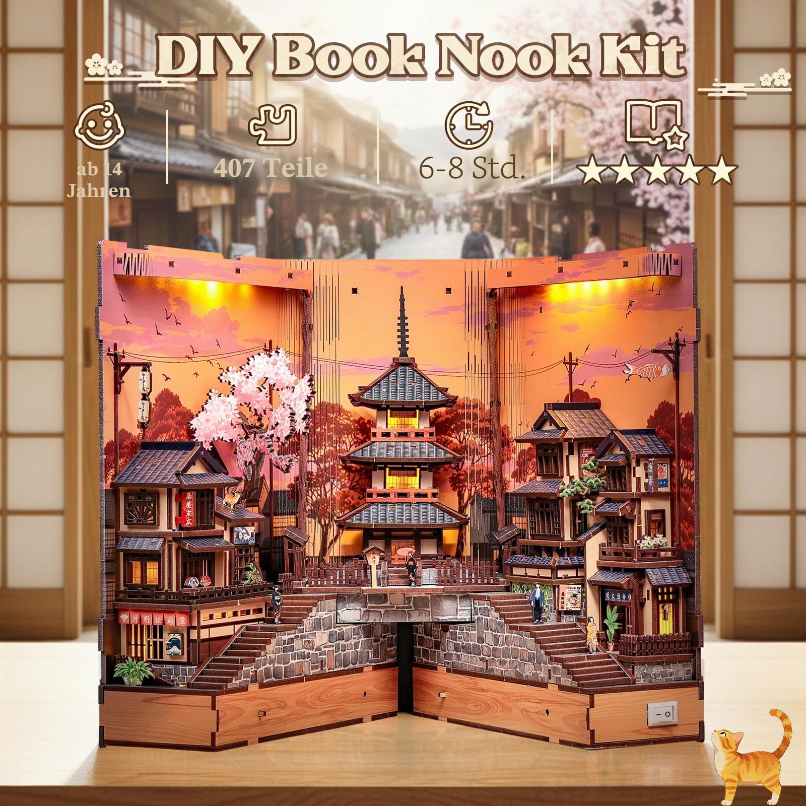 CUTE BEE Book Nook Sakura - Japanisches Booknook Kit & Miniatur Haus zum Selberbauen, DIY Miniature House mit LED-Licht, 3D Puzzle Erwachsene Bücherregal Deko Holzbausatz (Twilight Sakura Path)