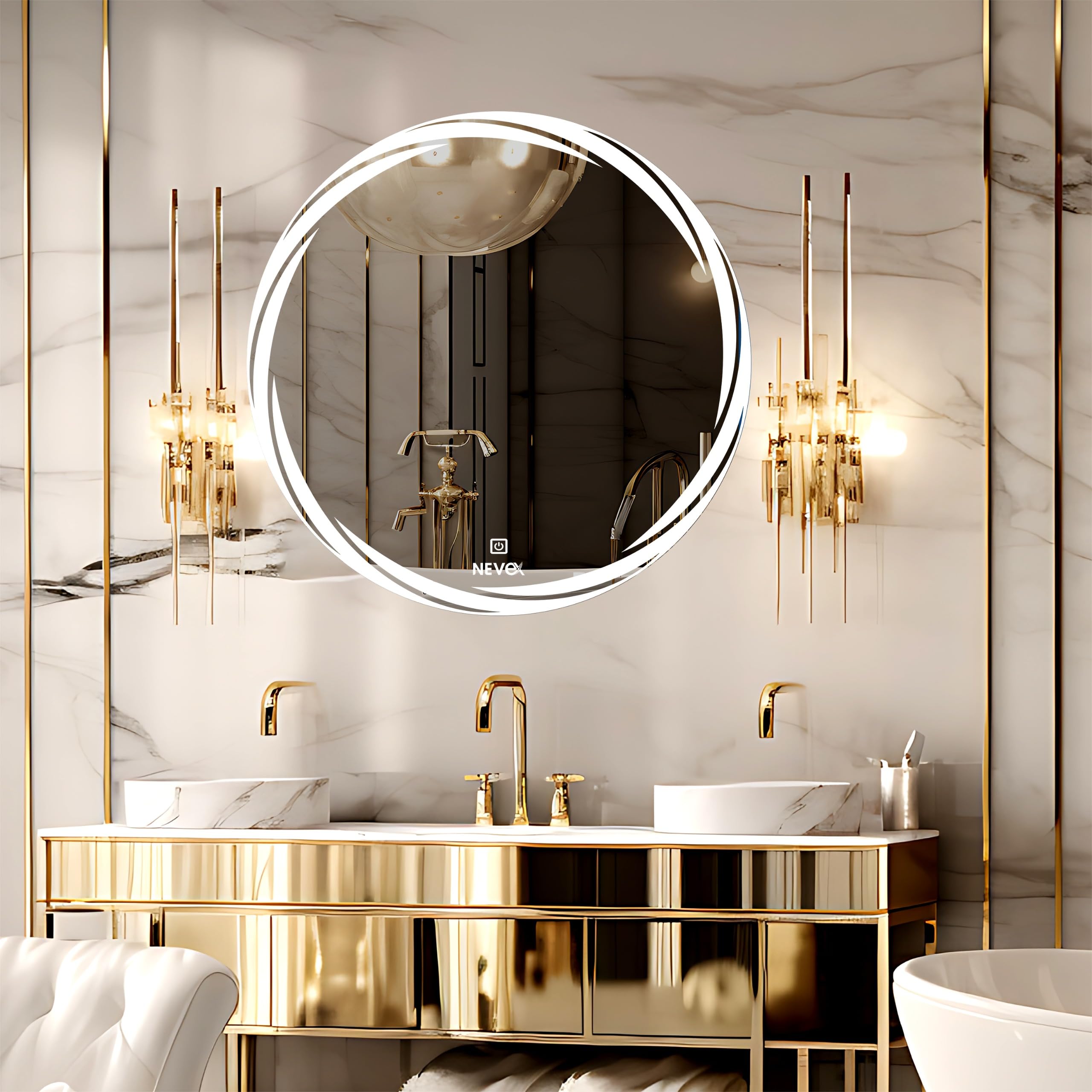 Unframed 24X24 Inch Round Wall Mounter Mirror With Led Light For Wash Basin With Smart 3 Light Tone (Cool White,Natural White And Warm White)