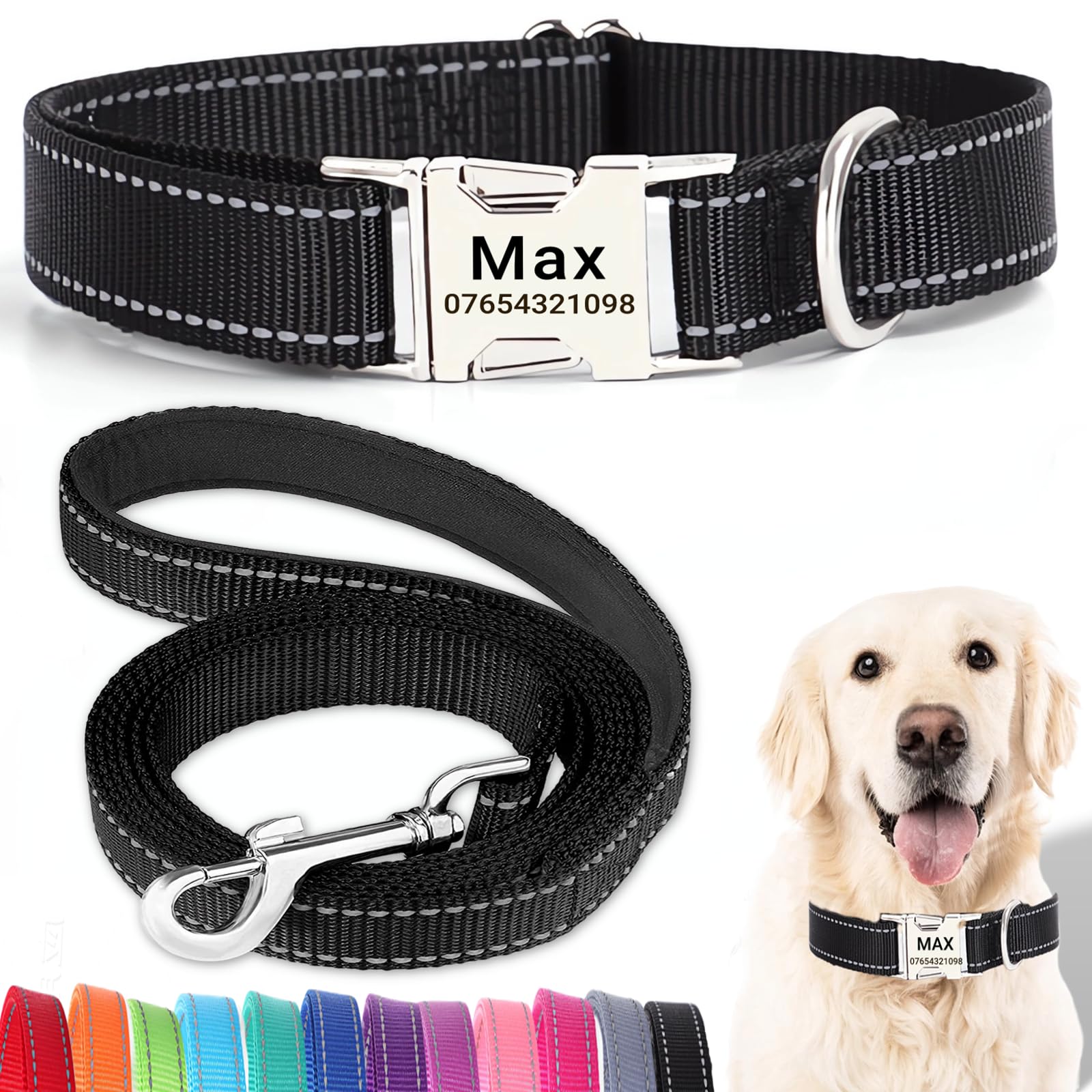 SEOUGEE Personalised Dog Collar and Lead Set with Engraved Metal Buckle, Reflective Nylon Dog Collars and Leash for Large Dogs with Custom Name Plate Phone Number (Black Set, XL:Neck 45-70cm)