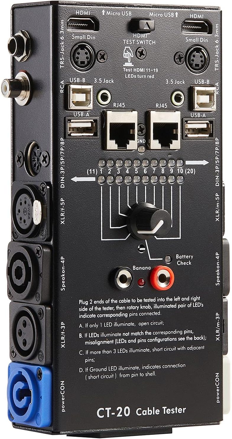 MFL. 15-Plug Audio Cable Tester Line Finder Black 15-in-1 Cables Checker 10-Way Switch Wire Tracker with LED Indicators, Rectangular