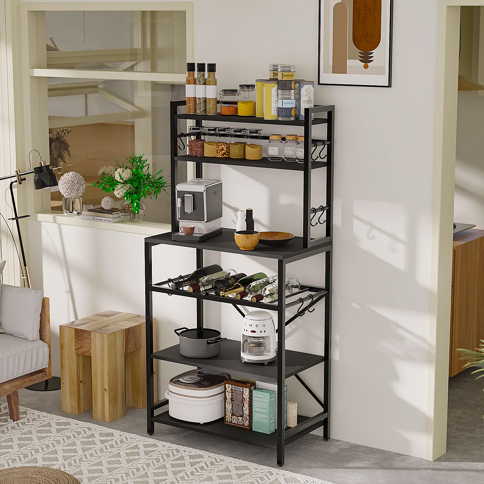 YMYNY Scaffale da Cucina, Scaffale da Panetteria, Portaoggetti a 6 livelli di 12 ganci, per Microonde, Struttura in Metallo, Stile industriale, 58 x 39 x 144CM, Nero HBR003B