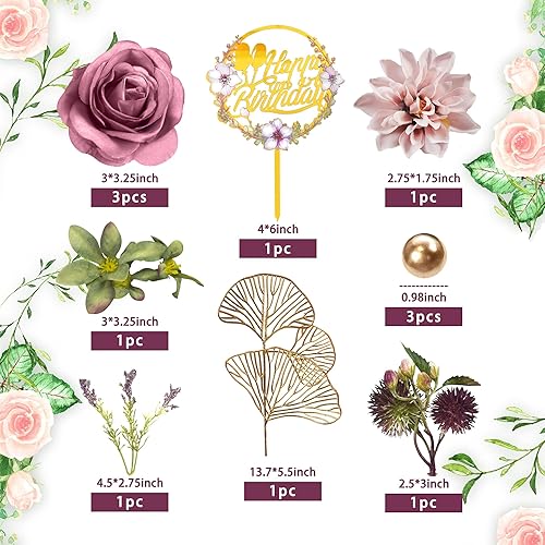 Miniatura 2 de Decoración para tartas de flores con rosas artificiales moradas y hojas de eucalipto para fiesta de cumpleaños, bodas, baby shower (morado)