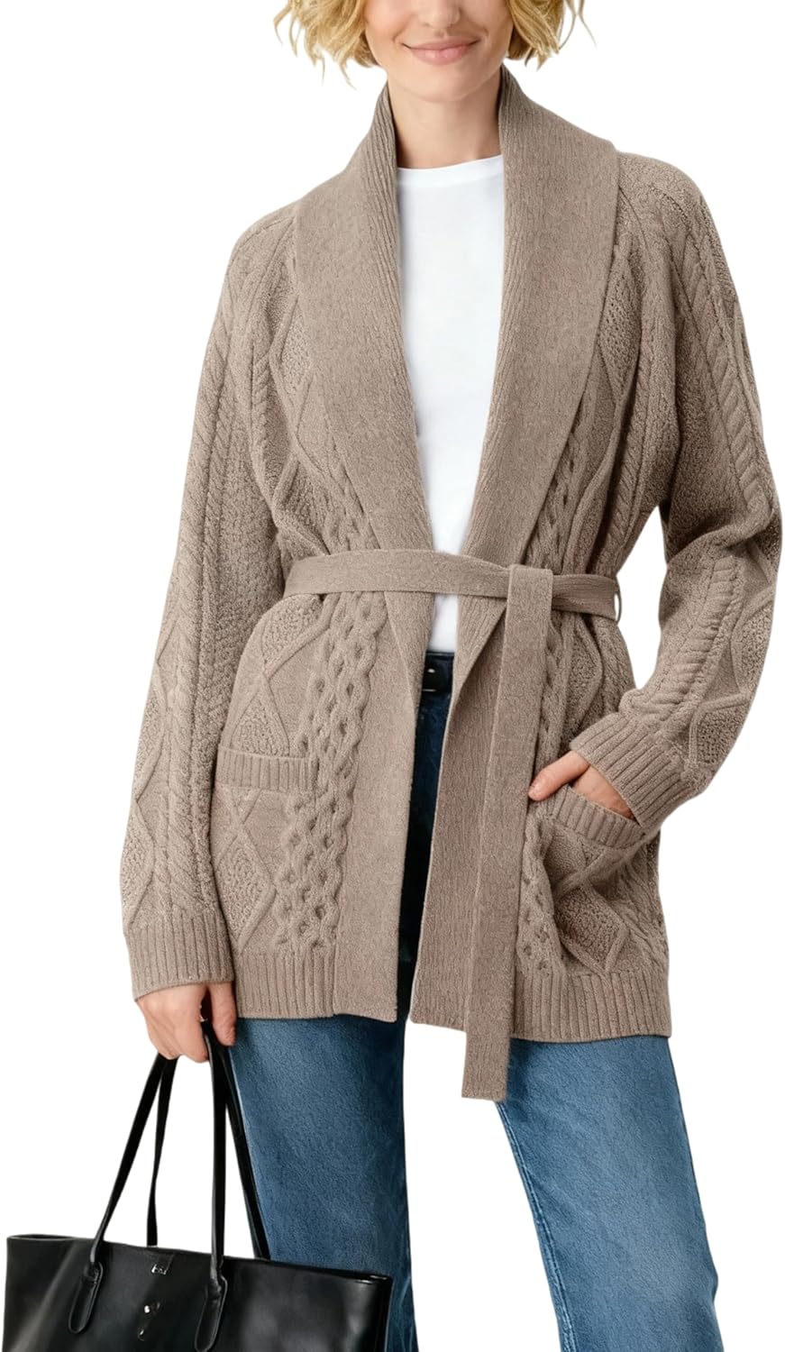Majdan Womens Cable Knit Open Front Cardigan Casual Long Sleeve Wrap Sweater with Removable Belt
