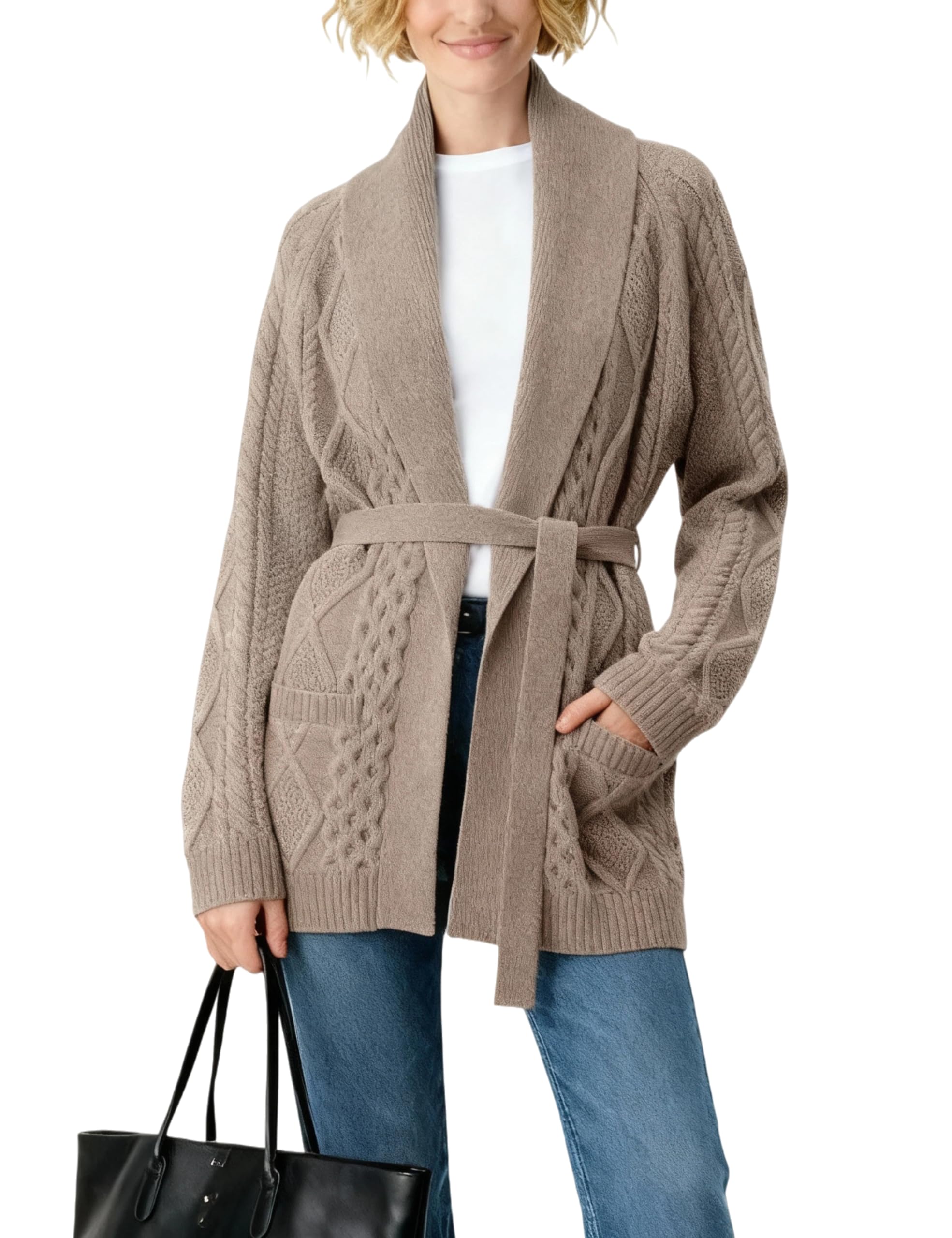 Majdan Womens Cable Knit Open Front Cardigan Casual Long Sleeve Wrap Sweater with Removable Belt