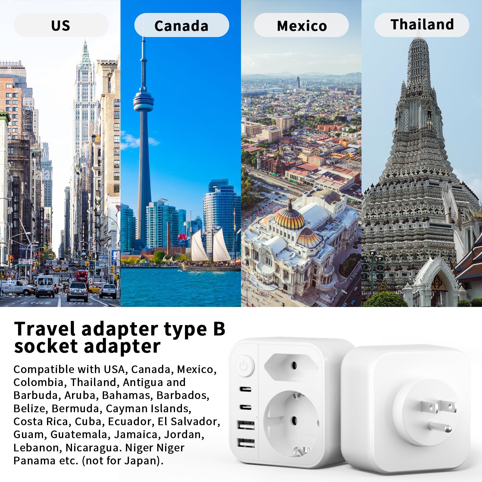 Adaptateur Prise USA vers France 6 en 1 avec 2 USB A et 2 USB C pour Canada Américaine