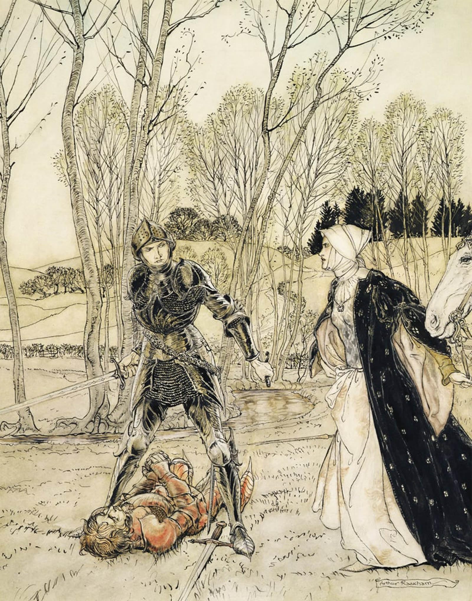 ARTXLXXBN Famous Painting Canvas Artwork Graffiti Print How Beaumains Defeated the Red Knight by Arthur Rackham Portrait Canvas Image for Home Decor 60x90cm