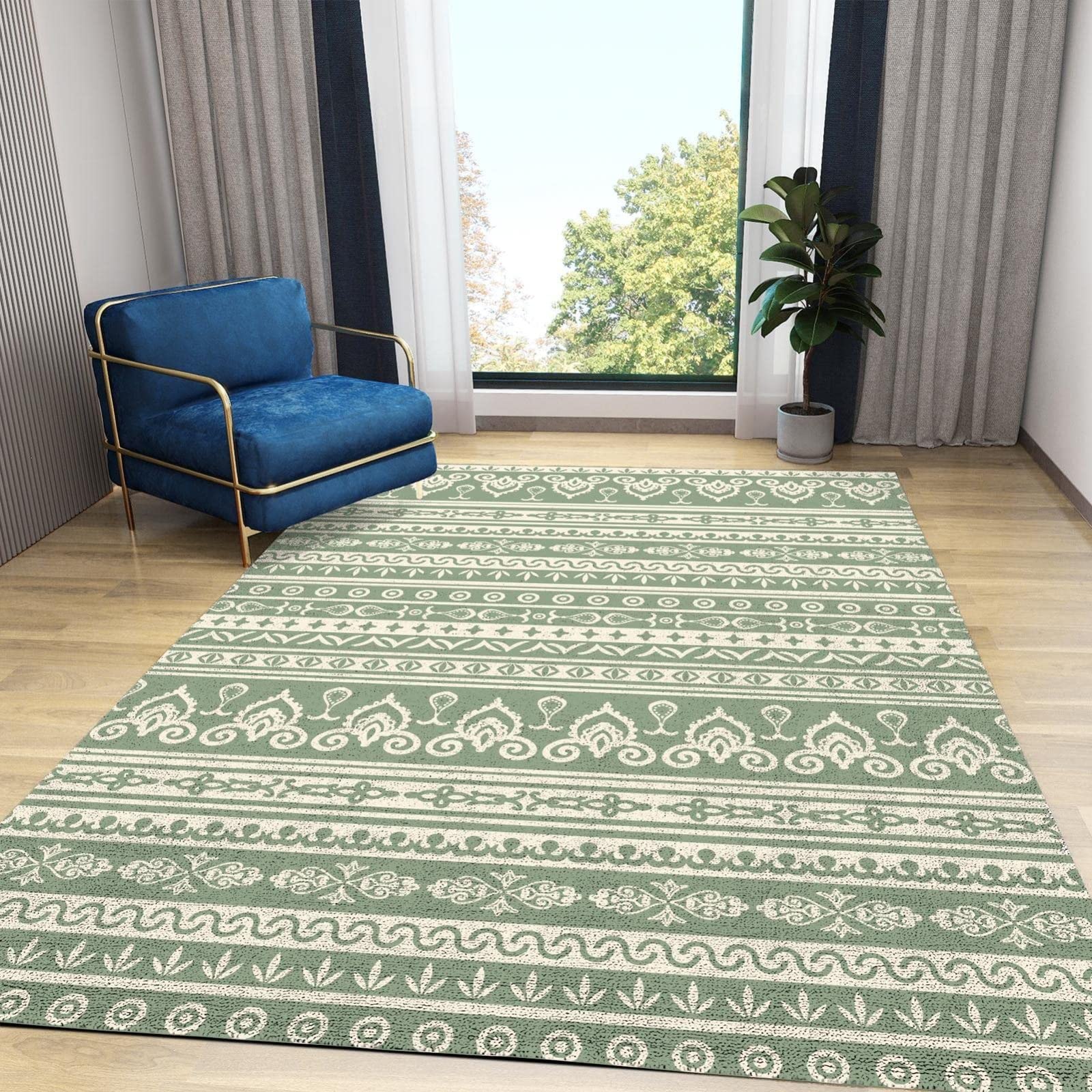 Tapis moderne à rayures tribales - 140 x 200 cm - Vert sauge - Antidérapant - Résistant aux taches - Tapis de sol pour salon - Design doux et durable