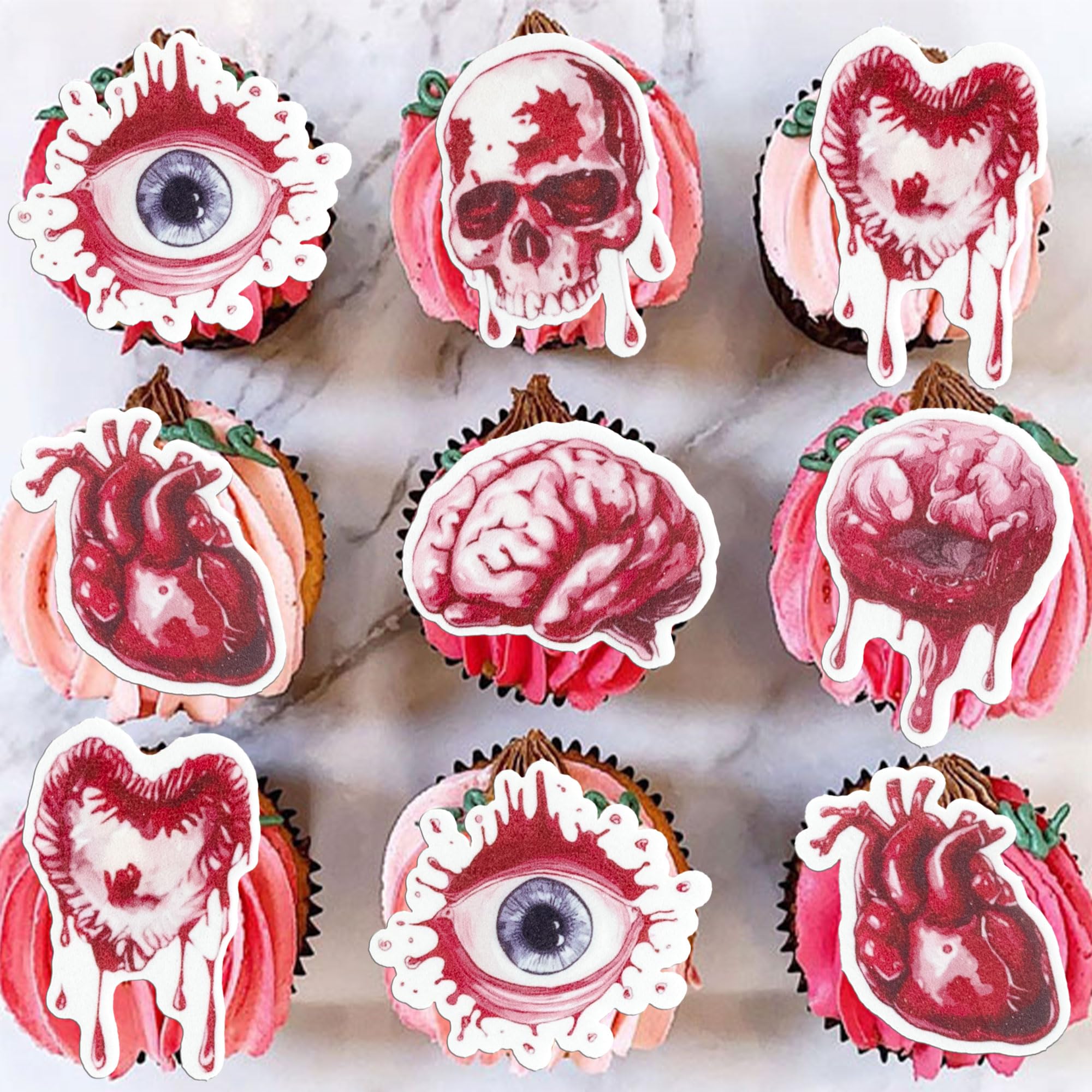 Gyufise 56Pcs Edible Halloween Broken Body Parts Cupcake Toppers Wafer Paper Blood Eyeballs Cake Decoration for Halloween Eve Theme Party Birthday Supplies Red White