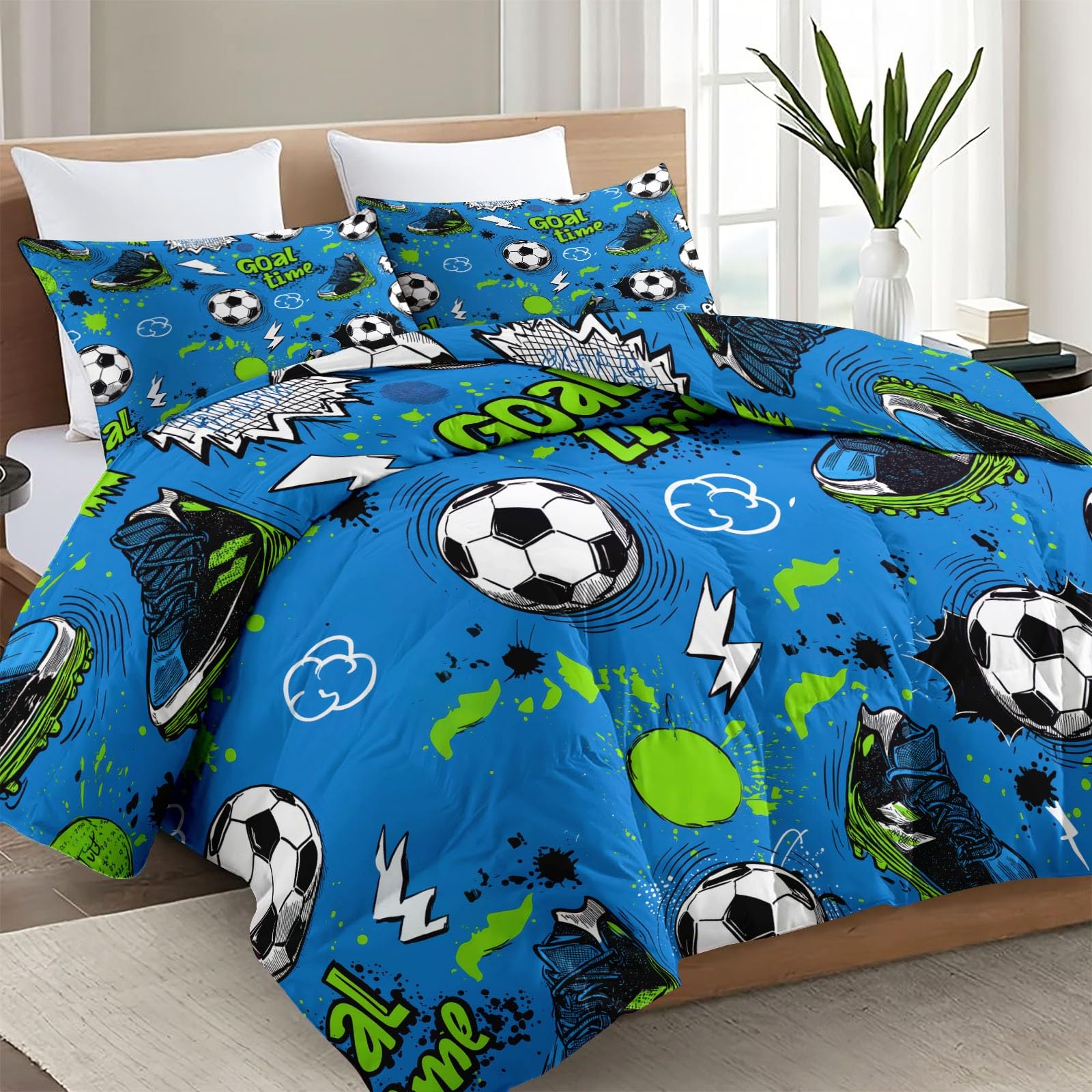 Trapunta 200 x 200 cm Contemporaneo Moderno Stampato Sport Blu Moderno Calcio Scarpe da Calcio Scopo 4 Stagioni per Letto 2 Persone, Edredon Reversibile Trapunta Legere, Senza Houss e 2 federe