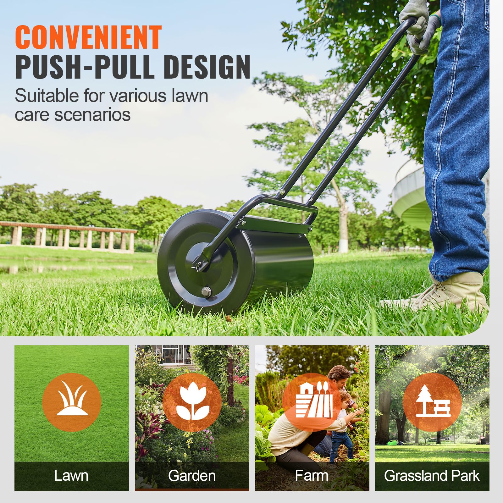 VEVOR Rullo da Giardino 46 L Acciaio Riempito Sabbia Acqua Maniglia Ergonomica