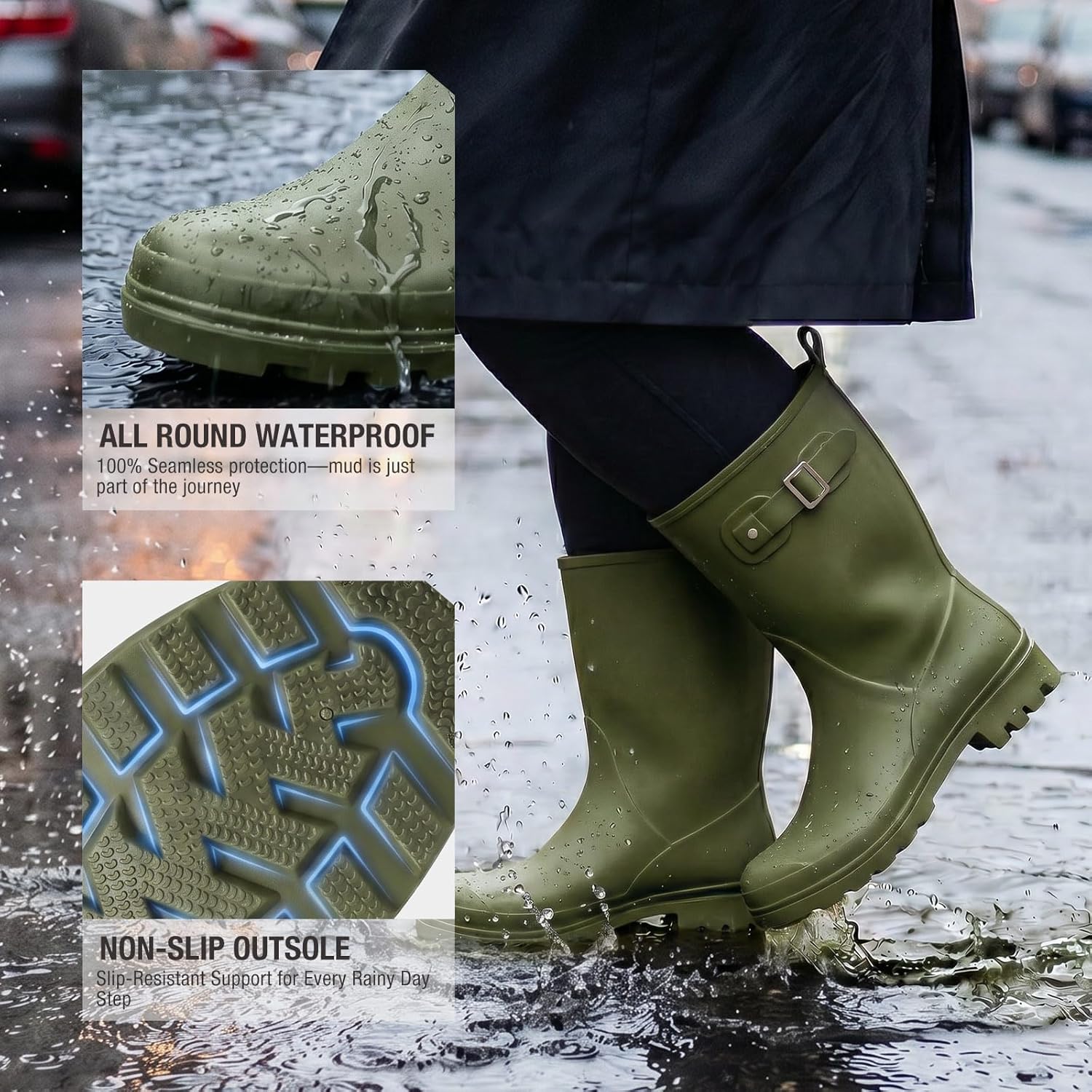 HISEA Women's Waterproof Rain Boots Wide Mid Calf Comfortable Rubber Shoes Lightweight Anti-slipping Rain Footwear for Outdoor Garden Farm Work