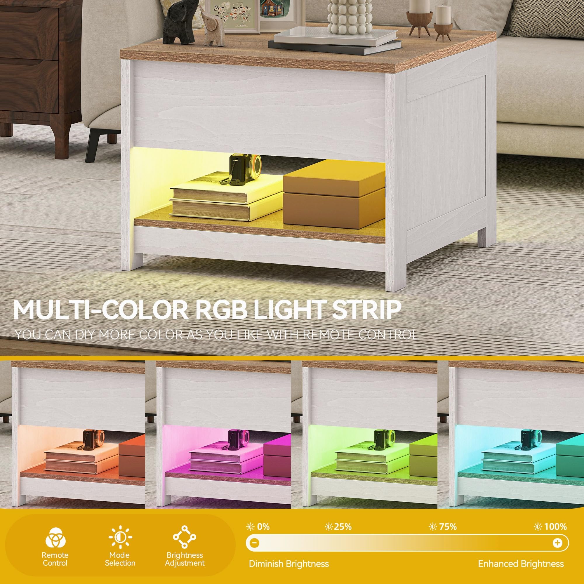 DWVO Mesa de Centro con Tablero Elevable e Iluminación LED, Mesa de Salón Cuadrada Moderna con Compartimento Oculto y Estante Abierto, 60 x 60 x 45 cm