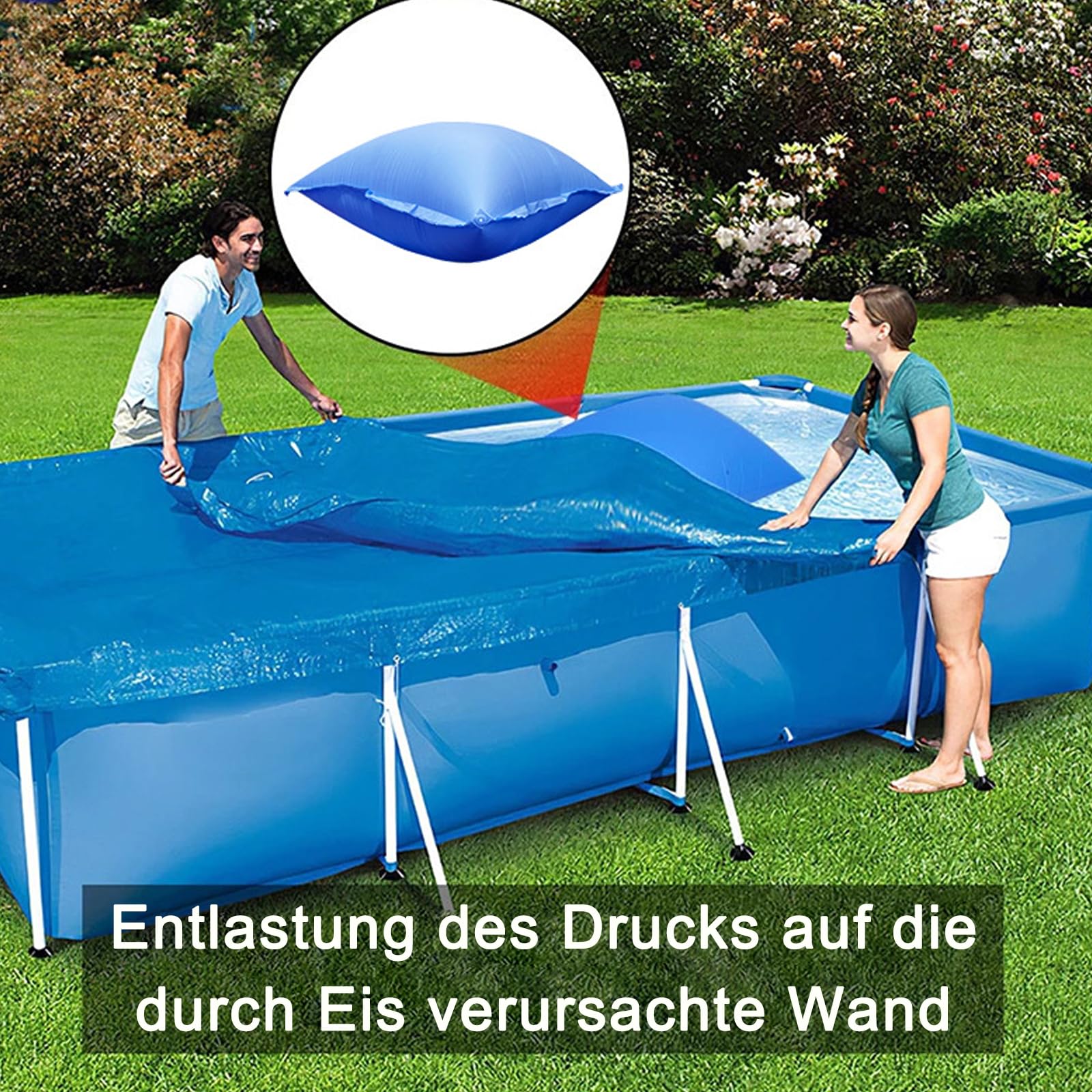 Cojín de aire para piscina de invierno de 120 x 120 cm, 2 unidades, cojín de aire para piscina con 4 ojales y cuerda resistente al cloro de 150 cm, 0,3 mm de espesor, cojín de aire para