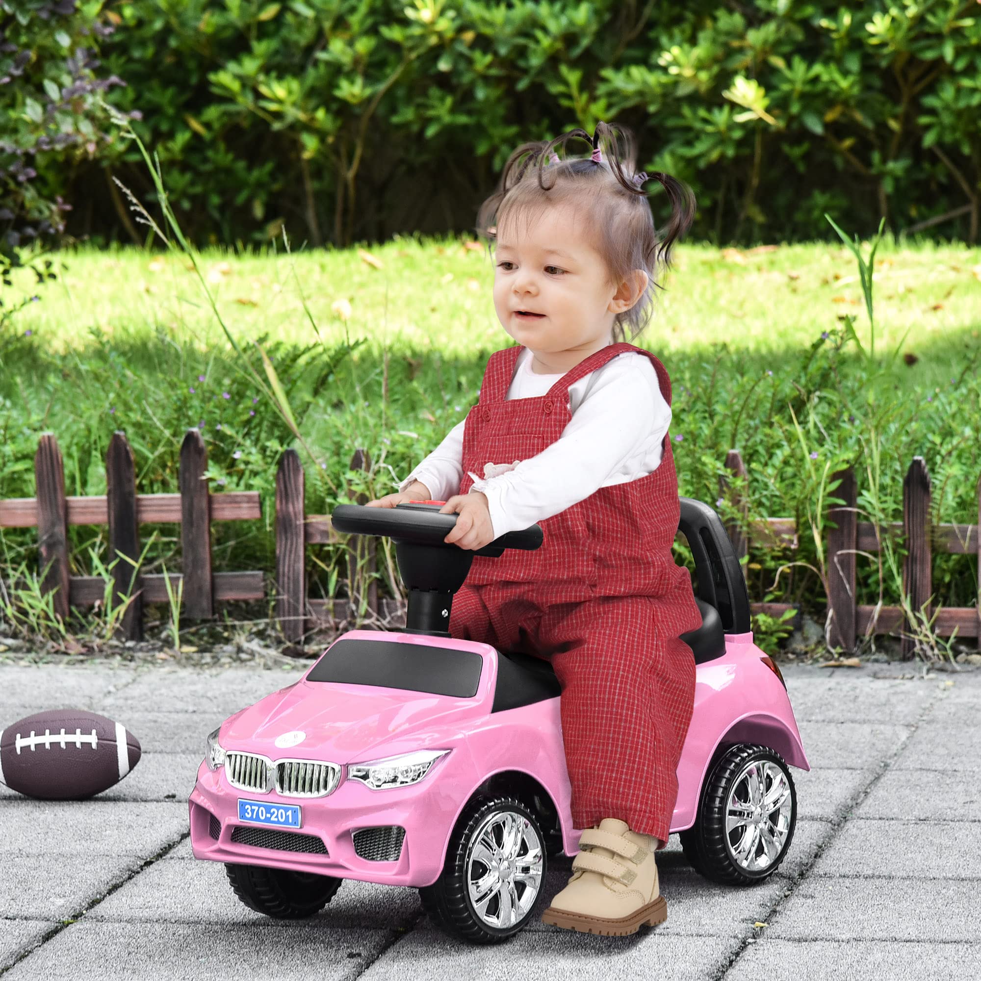 HOMCOM Coche Correpasillos para Niños de 18-36 Meses Andador Correpasillos con Faros Música Bocina Volante Espacio de Almacenaje y Asa para Empujar 63,5x28x36 cm Rosa