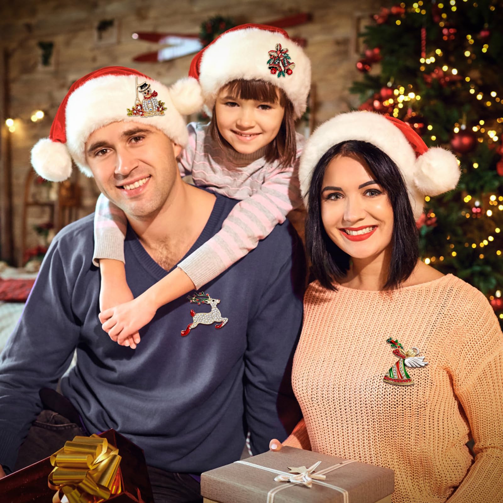 Juego de 12 broches de Navidad para mujer, con diamantes de imitación, corona de árbol de Navidad, muñeco de nieve, reno, adorno de Navidad, regalo, Acero inoxidable, amazonita