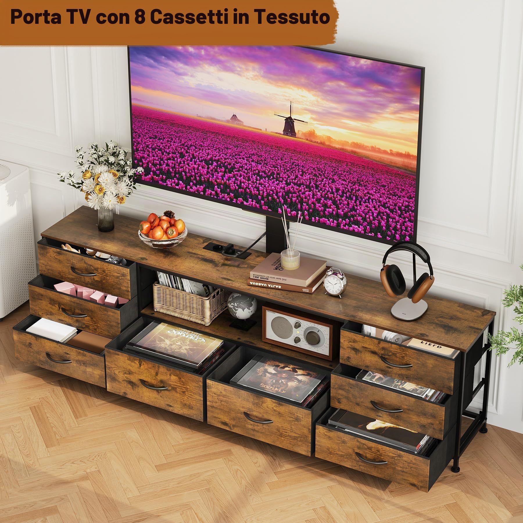 VEDECASA 180 cm TV lowboard con supporto TV, illuminazione a LED e barra delle prese, mobile TV con 8 cassetti in tessuto e vano aperto per dispositivi, tavolo TV industriale per TV da 32–80 pollici