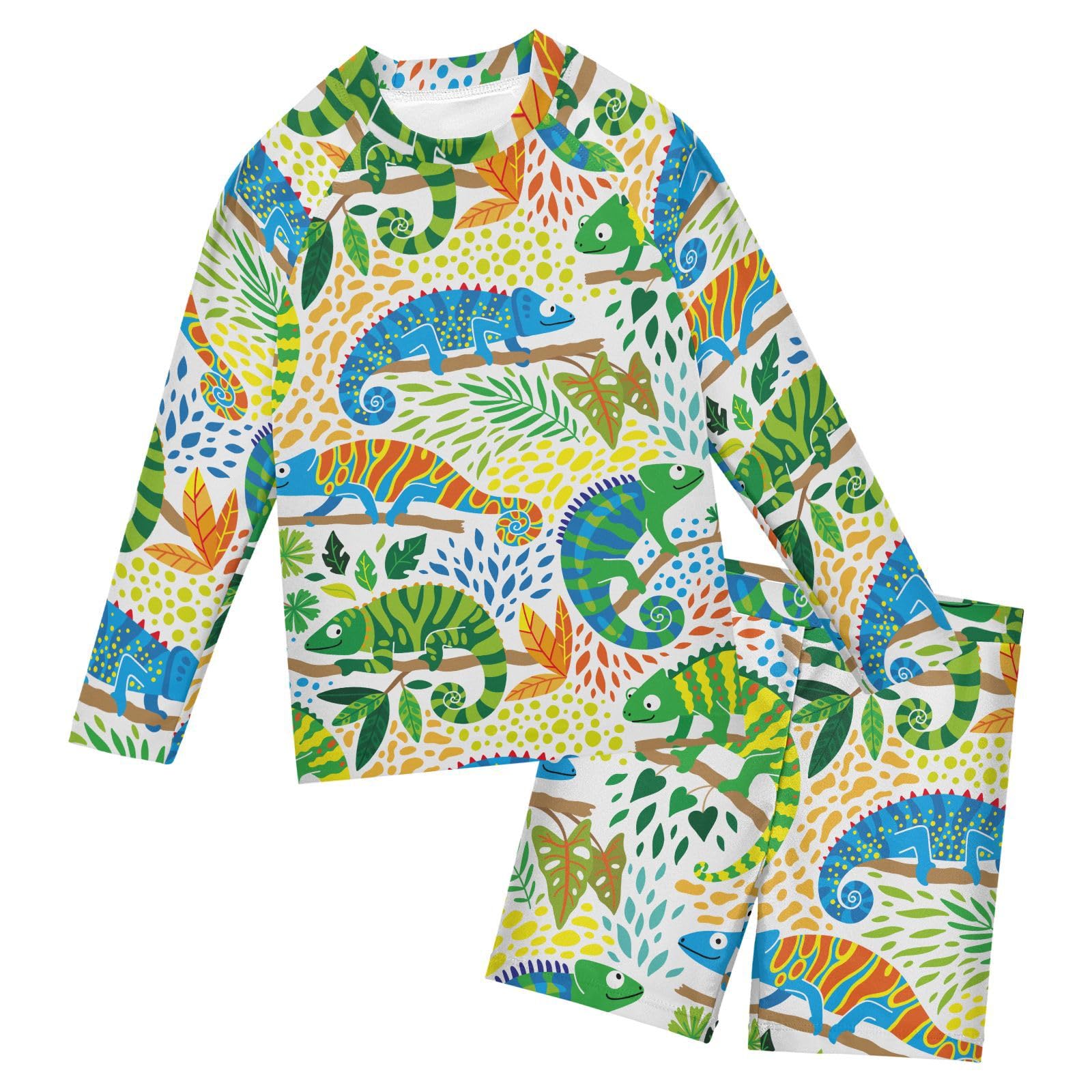 Aflyko Kids' Bathing Suit Set Lizard Green Blue Forest Camo Long Sleeve Swim Tops with Shorts Summer Vacation Pool Party Rashguard Fun Cute Toddler Infant Beachwear, 4T