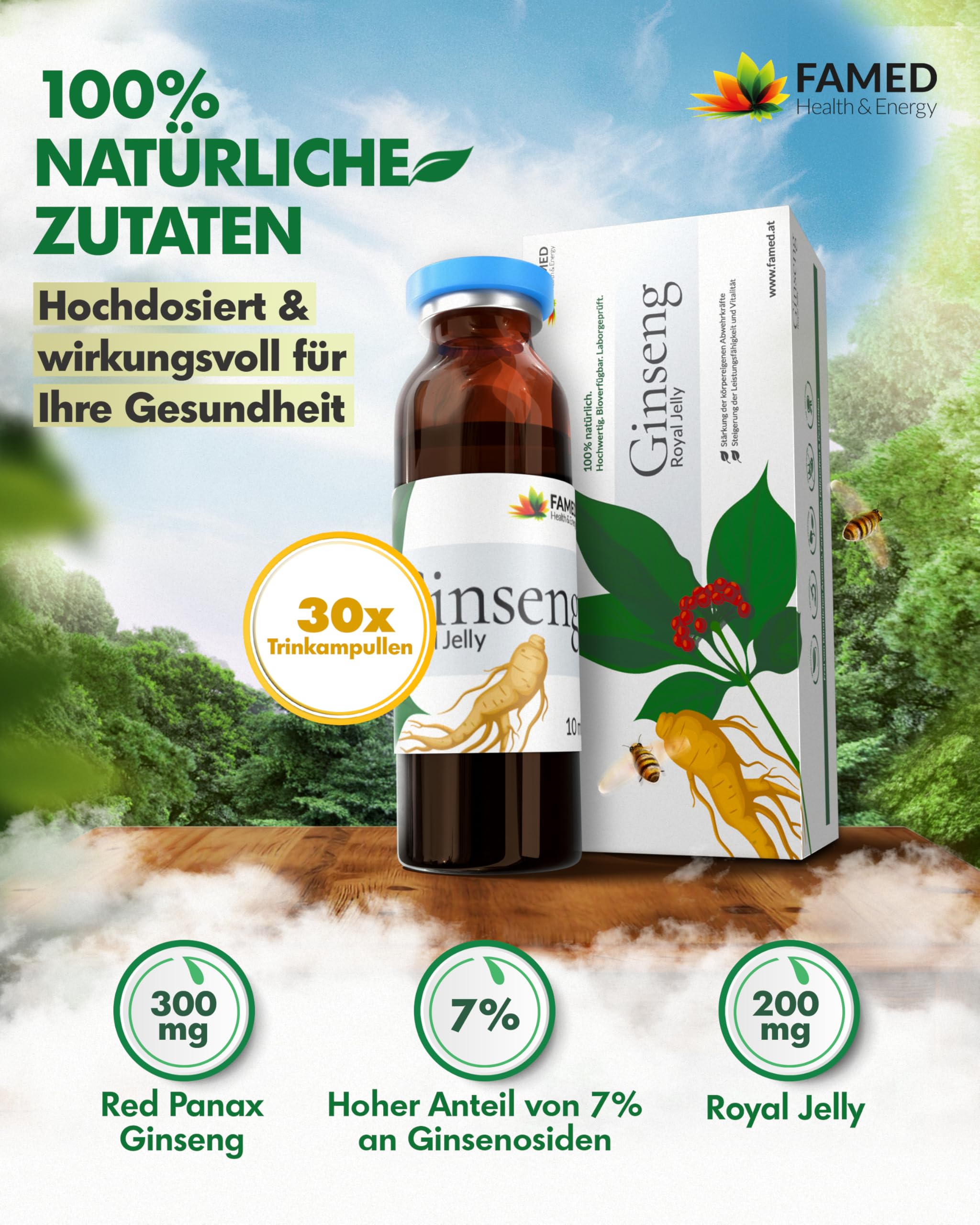Ginseng Royal Jelly by FAMED – 30 Trinkampullen – reduziert Müdigkeit & stärkt das Immunsystem – 100% natürliche Inhaltsstoffe, hochdosiert & laborgeprüft
