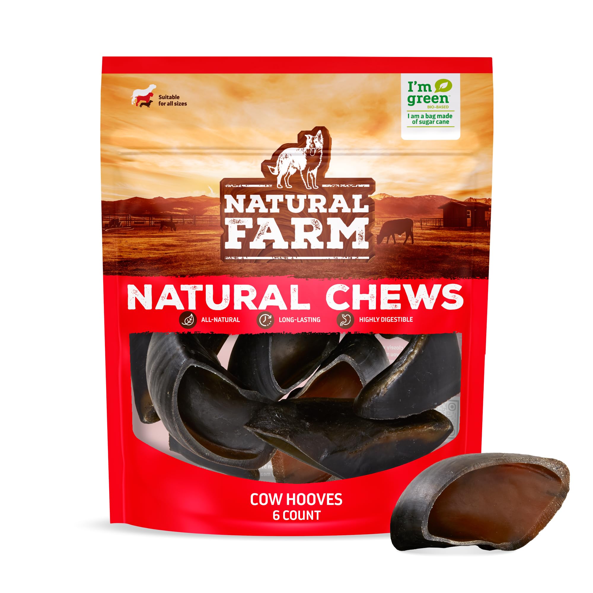 Natural Farm Cow Hooves (6 Pack), Odor-Free, All Natural Sourced from Farm-Raised Beef Hoof Dog Treats, Great Alternative to Bully Sticks or Rawhide, Dental Chew for Small, Medium, Large Breeds