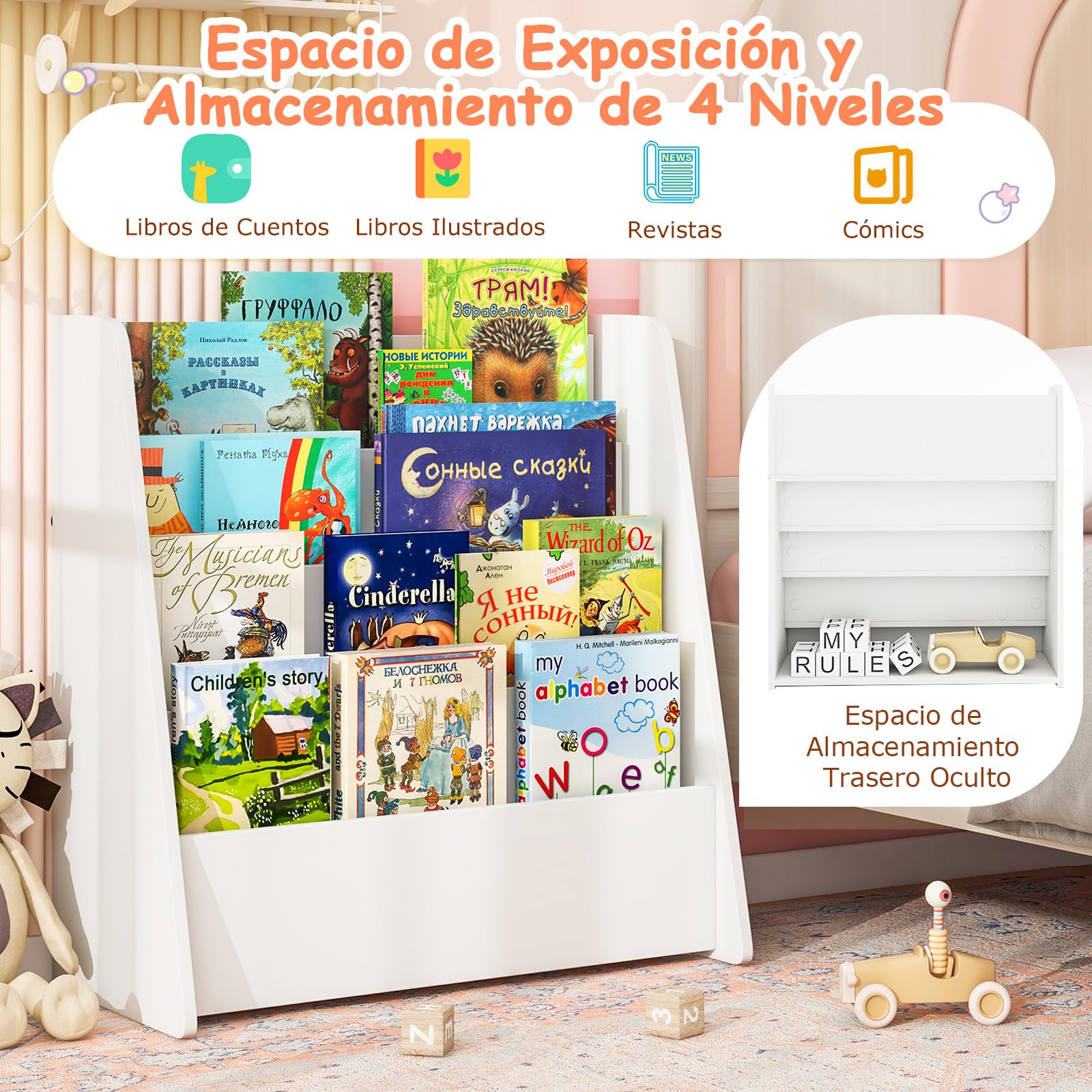 COSTWAY Libreria Infantil Montessori, Biblioteca Infantil de 4 Niveles, Estantería Libros Infantil con Almacenamiento Trasero para Guardería, Aula, Jardín de Infancia, 57,5 x 26,5 x 59 cm