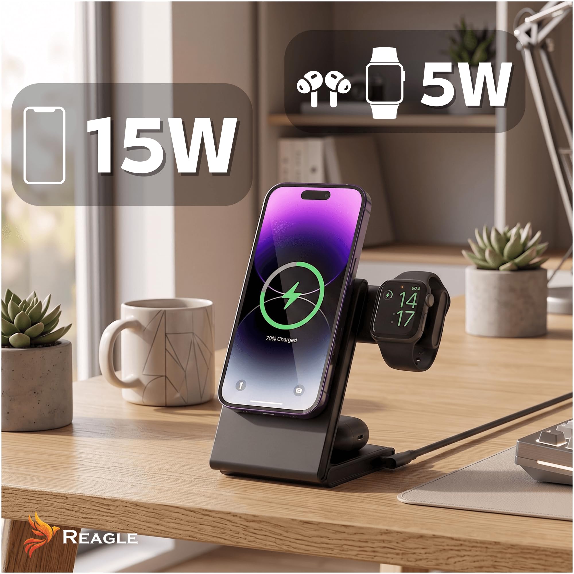 Reagle Stazione di Ricarica Wireless Qi2 3 in 1 15W, Caricatore Magnetico Pieghevole, Compatibile con iPhone 17/16/15/14/13/12, Apple Watch, AirPods, Samsung Galaxy e Pixel, Nero
