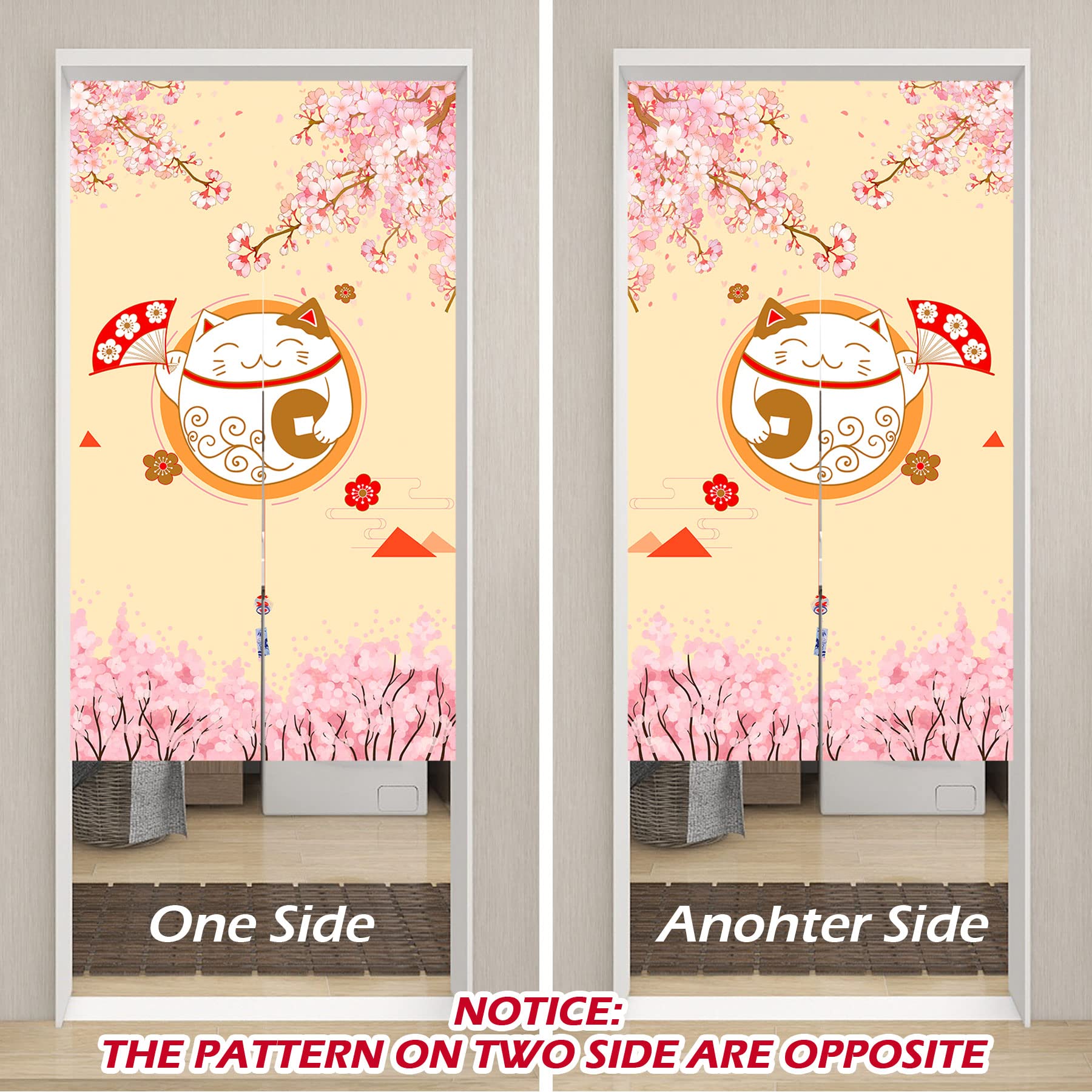 LIGICKY Japanese Style Noren Long Thickened Doorway Curtain Fortune Cat & Cherry Blossom Hanging Door Tapestry for Home Decoration 85 x 150 cm (Double Sided Printting - Image 3